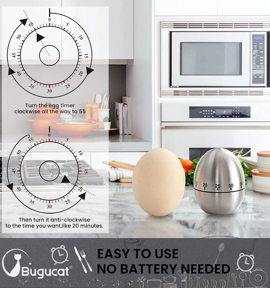 Кухонный таймер Bugucat Cucina Timer Яйцеобразный механический нержавеющая сталь 60 минут Серебристый, фото №3