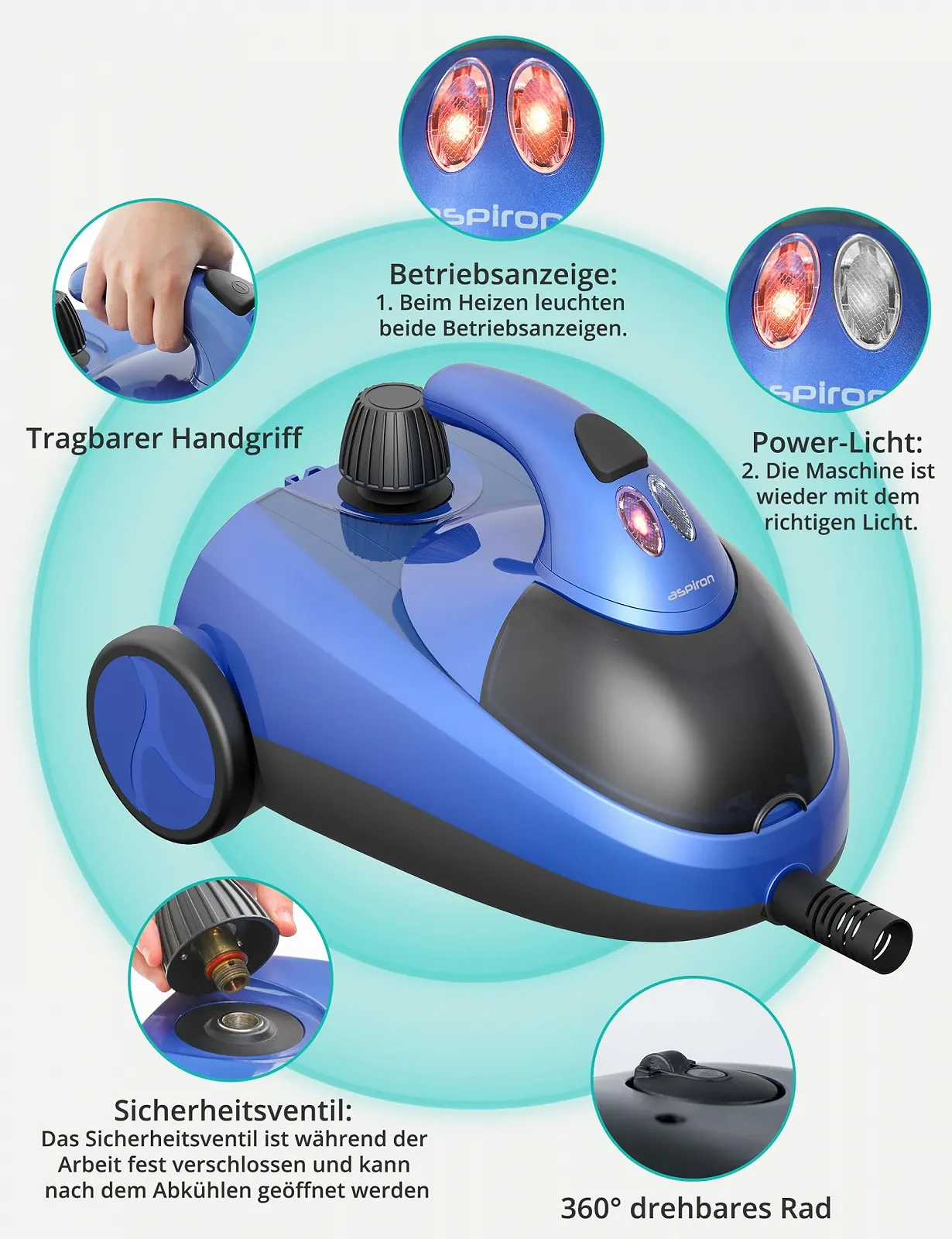 Пароочисник Aspiron 2000 Вт 4 бар 1.5 л для авто та дому, фото №6 Пароочисник Aspiron 2000 Вт 4 бар 1.5 л для авто та дому, фото №6