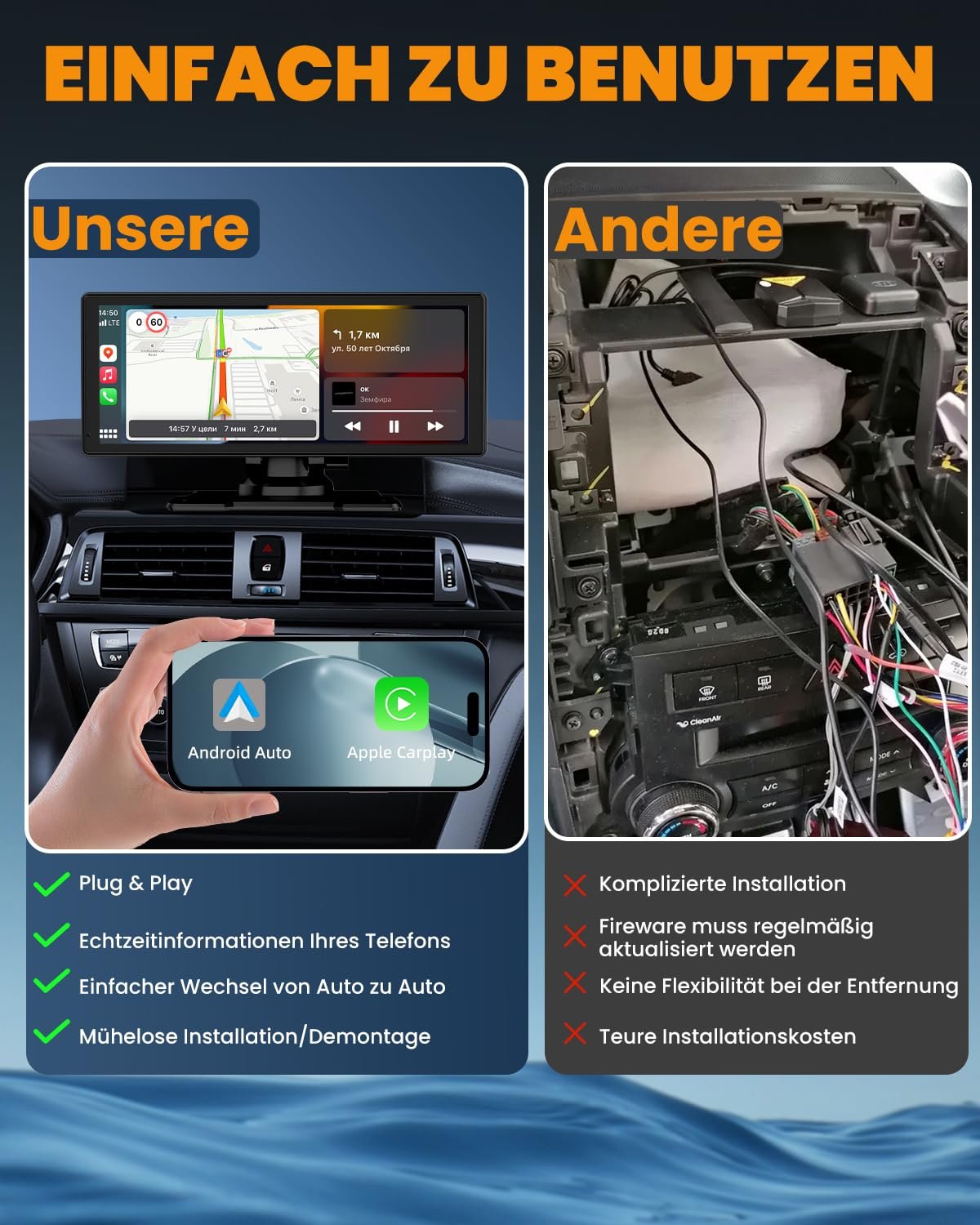 Дисплей Carplay Apple Carplay/Android Car 8.88 дюймов с камерой заднего вида 1080P HD и передней камерой, GPS навигацией, Hands-Free системой, Mirror Link, FM, простая установка, фото №6