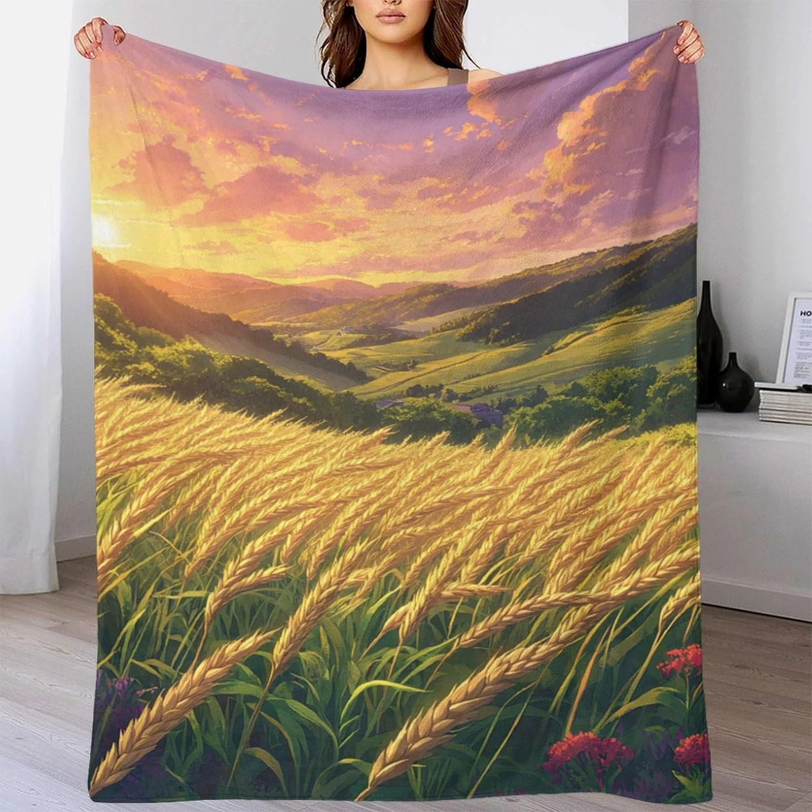 Покривало Мікрофібра Пшеничне поле на заході сонця Сталь 3D, фото №5