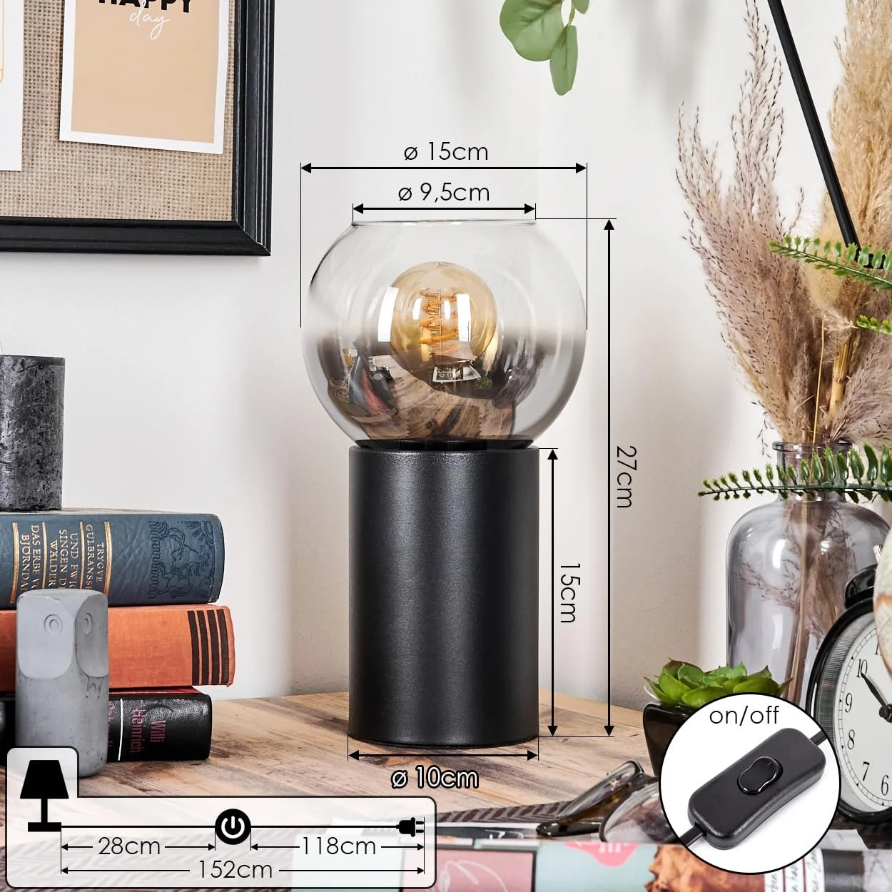 Настільна лампа HOFSTEIN Koyoto ретро метал/скло E14 15 см чорний прозорий димчастий, фото №4