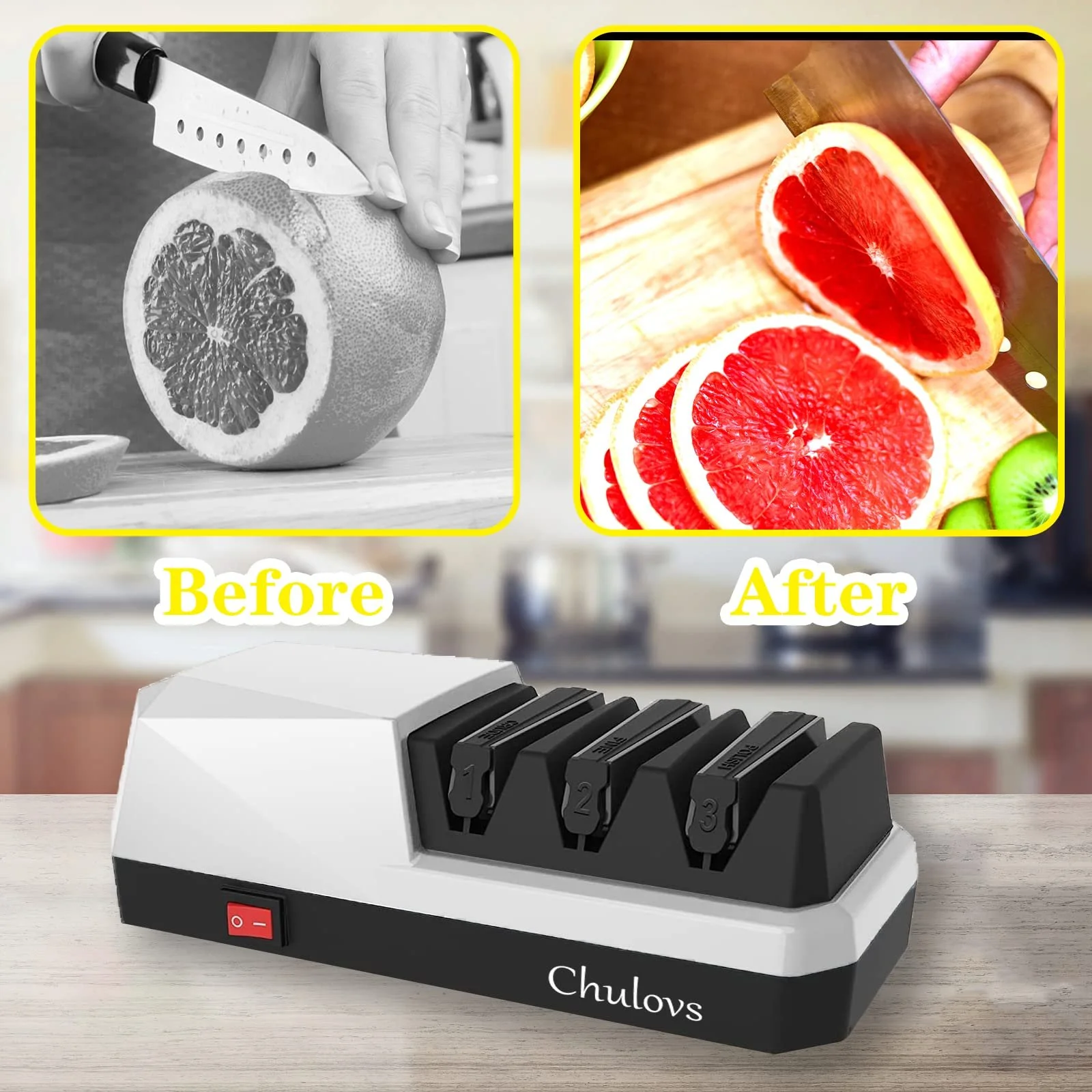 Точилка для ножів Chulovs 3-в-1 електрична алмазна 3-етапна Silver, фото №5