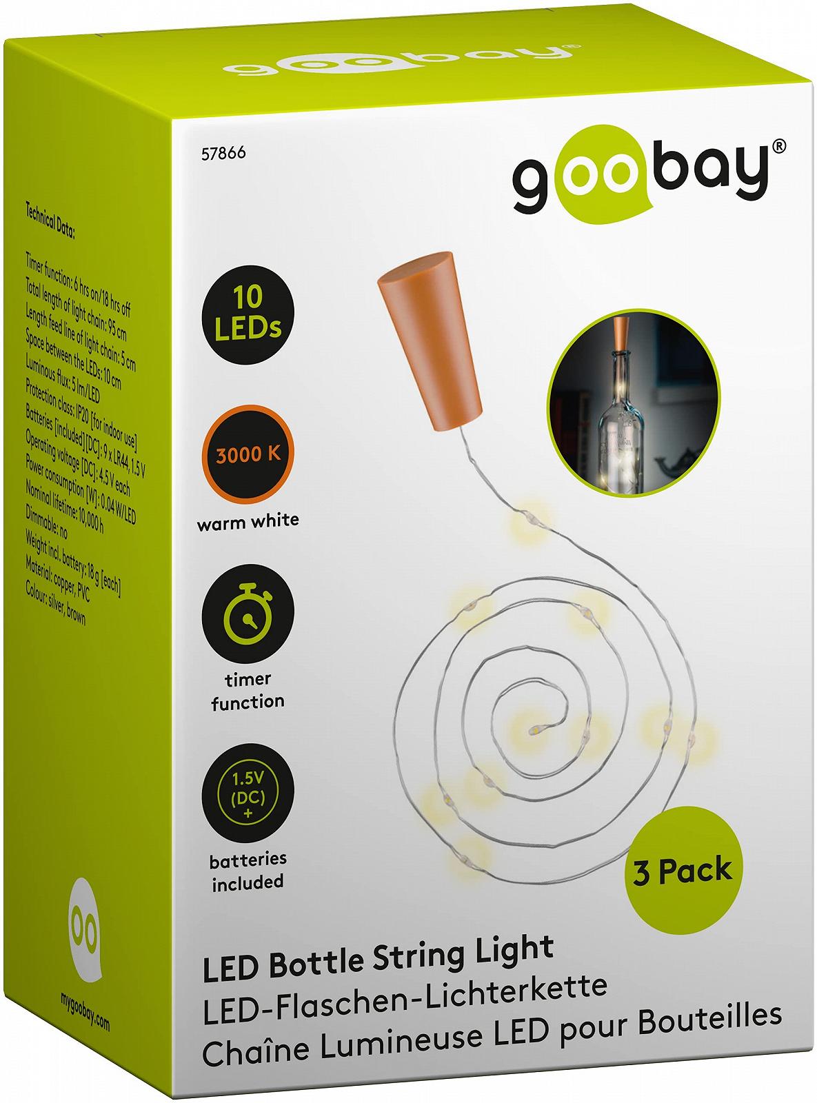 Гірлянда goobay для пляшок 3 x 10 LED, 1 м, прозора, безбарвна (3 батарейки LR44 в комплекті), фото №1