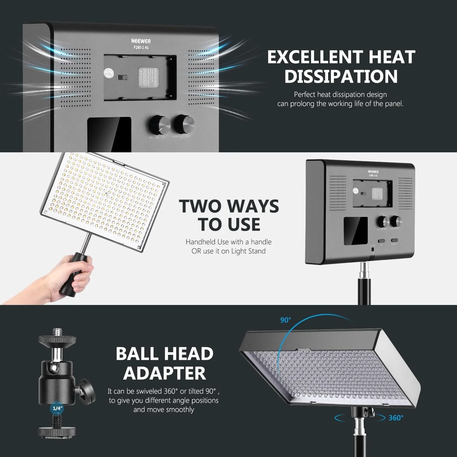 Комплект студийного света Neewer P280 / 3200–5600 К / CRI 95+ / 2 шт. / Черный, фото №6