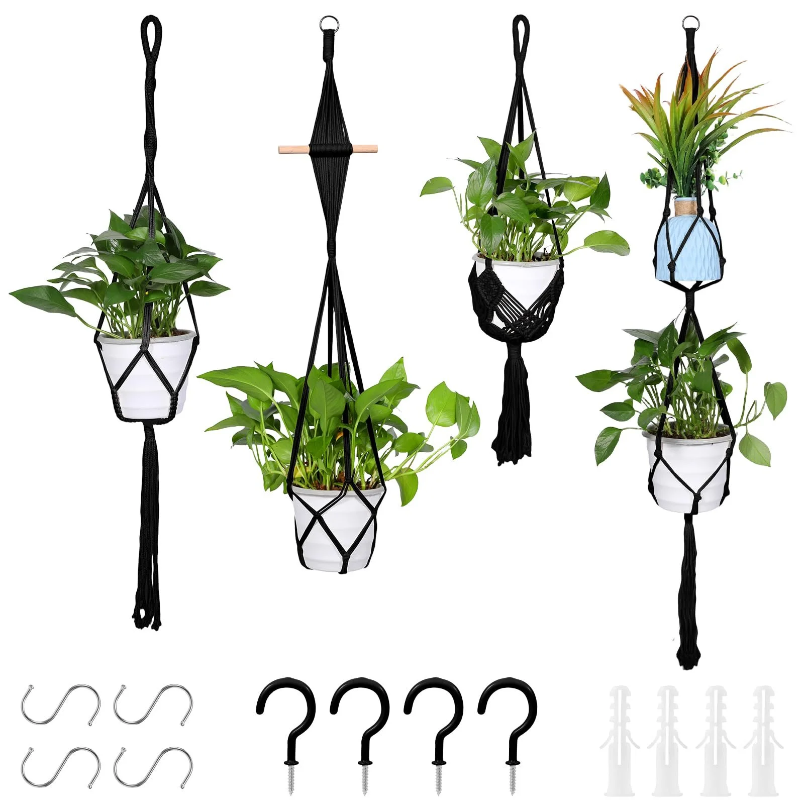 Подвесная корзина макраме Zorplex Набор 4 шт. Плетеный держатель Бохо Черная, фото №1