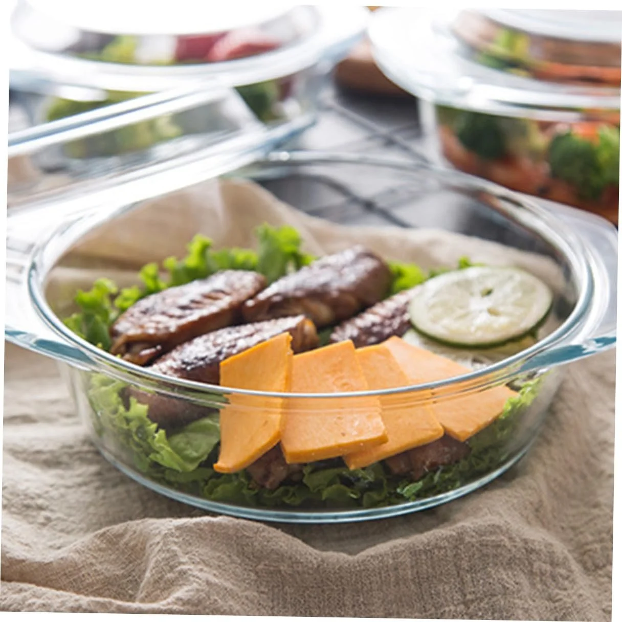 Миска для микроволновой печи INOOMP Круглая из термостойкого закаленного стекла BPA Free с крышкой, фото №6