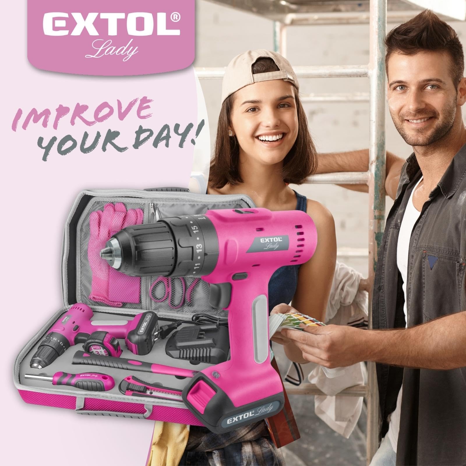 Набір Extol Lady Cordless Drill 27 шт I 12 В Li-Ion жіночий бездротовий шуруповерт рожевий з ударною функцією 2000 мАг I 2-швидкісний бездротовий ударний дриль з сумкою для інструментів I з рожевим футляром, фото №6