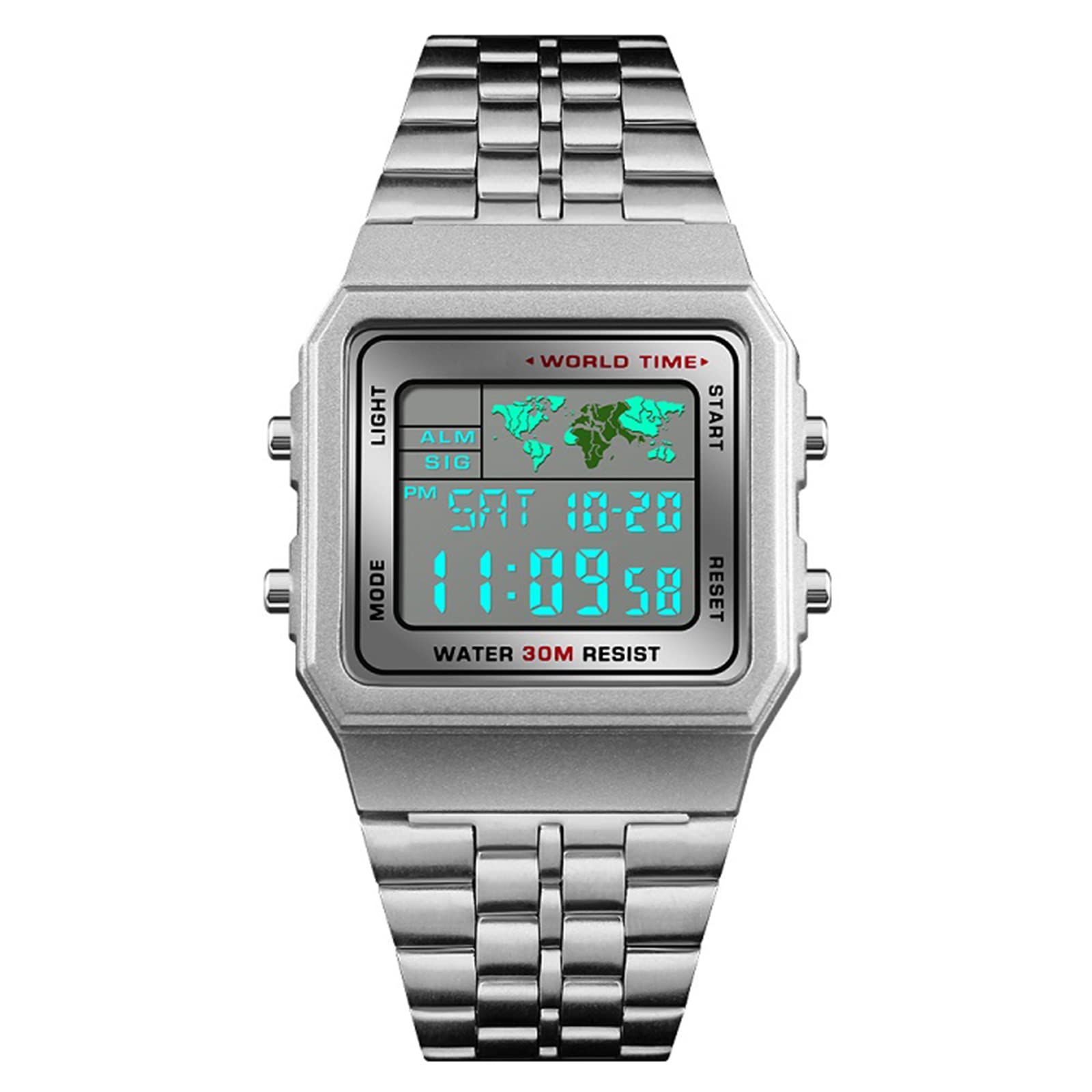 Чоловічий Цифровий Годинник з секундоміром будильником світовий час дата тиждень металевий ремінець для вулиці та бізнесу, фото №3 Чоловічий Цифровий Годинник з секундоміром будильником світовий час дата тиждень металевий ремінець для вулиці та бізнесу, фото №3