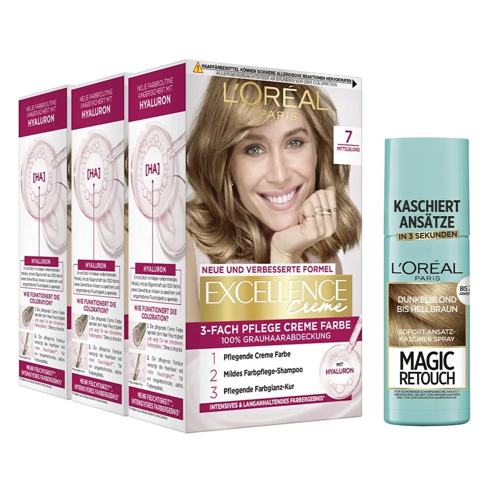 Фарба для волосся L'Oréal Paris Excellence Cream, No. 7 Середній Блонд та Консилер для коренів Magic Retouch, Темний Блонд/Світло-Коричневий, фото №1 Фарба для волосся L'Oréal Paris Excellence Cream, No. 7 Середній Блонд та Консилер для коренів Magic Retouch, Темний Блонд/Світло-Коричневий, фото №1
