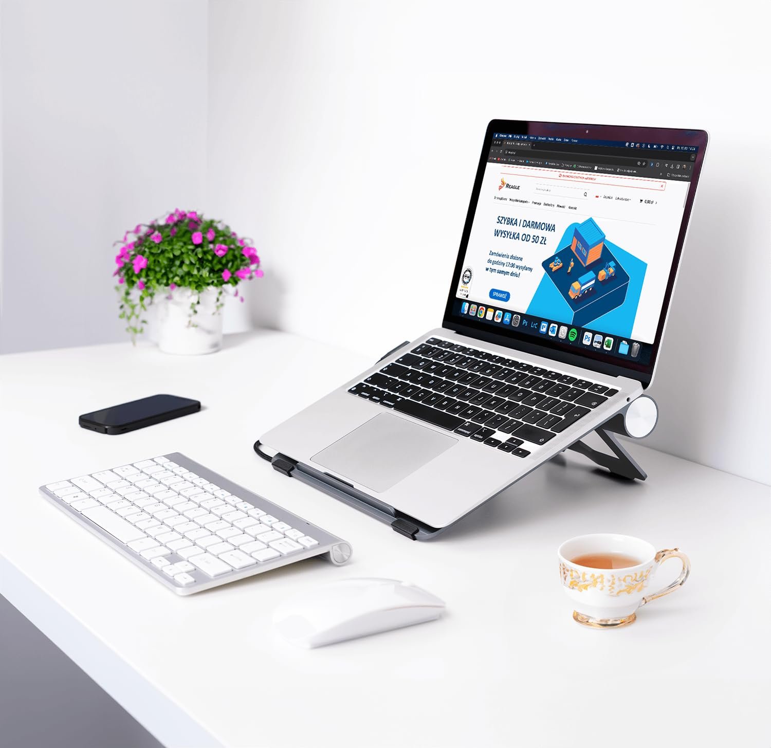 Підставка для ноутбука Reagle Регульована Складна MacBook HUB HDMI Живлення 100 Вт LAN USB-C Алюміній 10 Гбіт/с Plug and Play (Сріблястий), фото №4