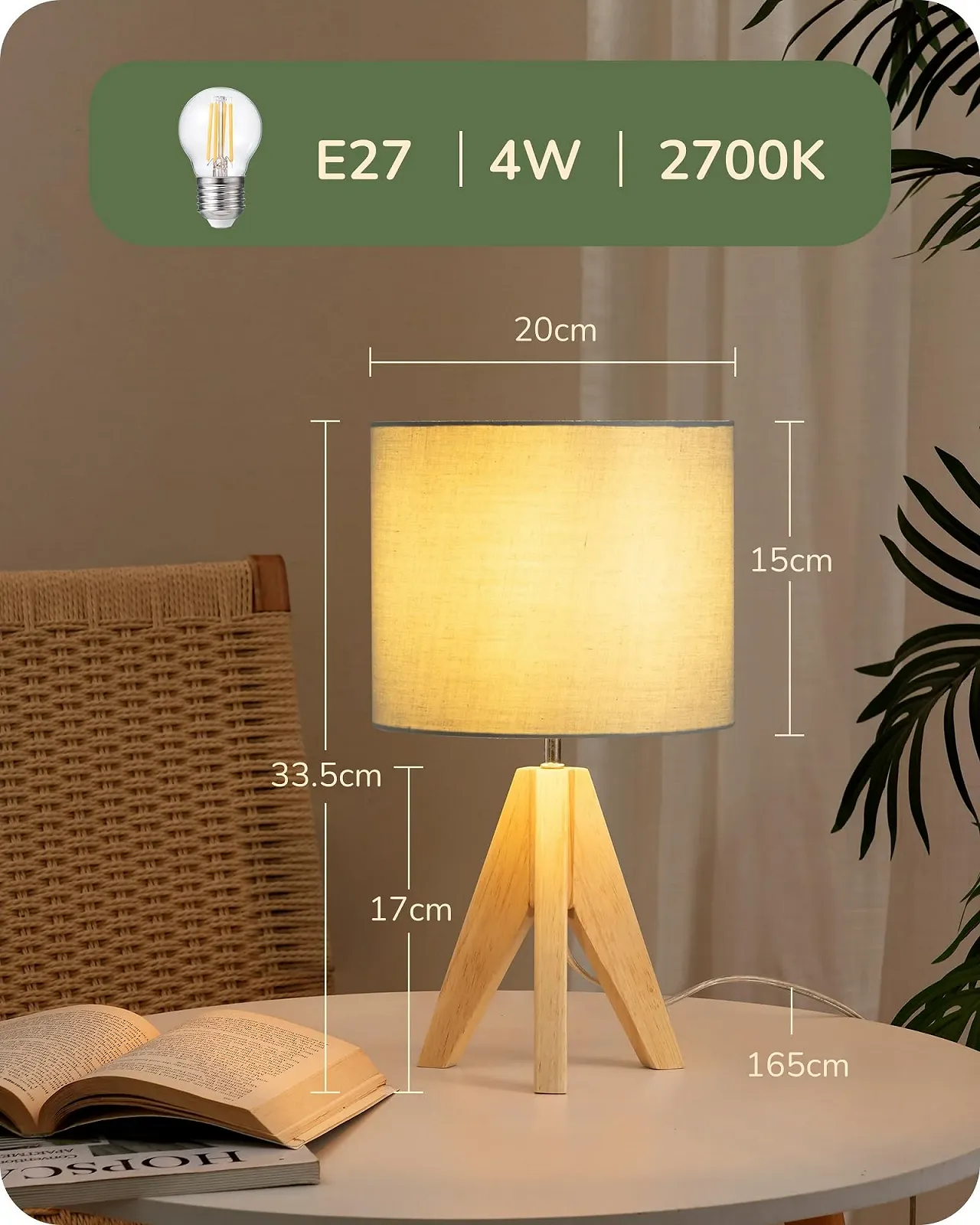 Настільна лампа EDISHINE Vintage Tripod Wooden Linen Lampshade E27 Зелена, фото №3