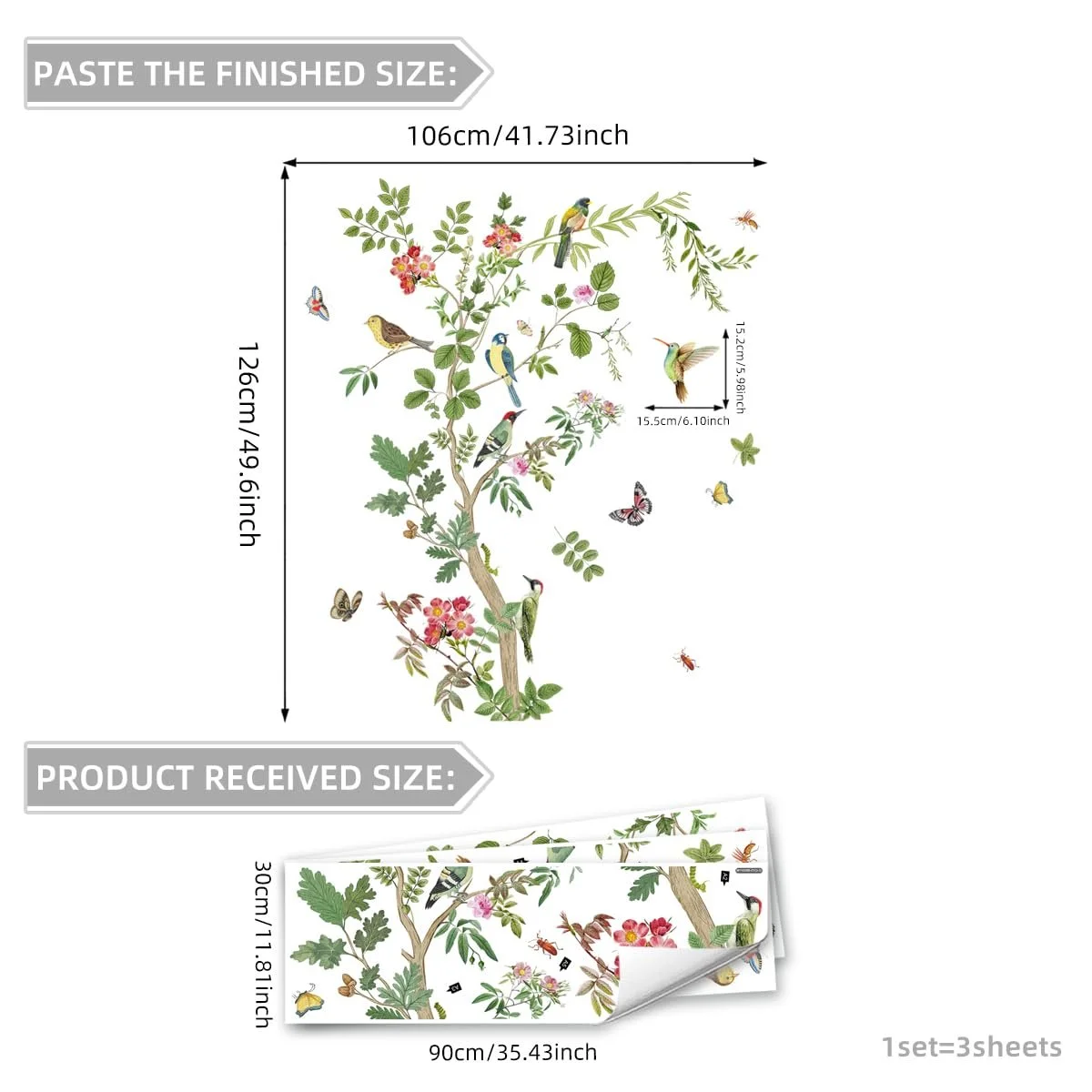 Наклейка на стіну Runtoo Large Tree Branch Vintage Flower Plants Birds, фото №5