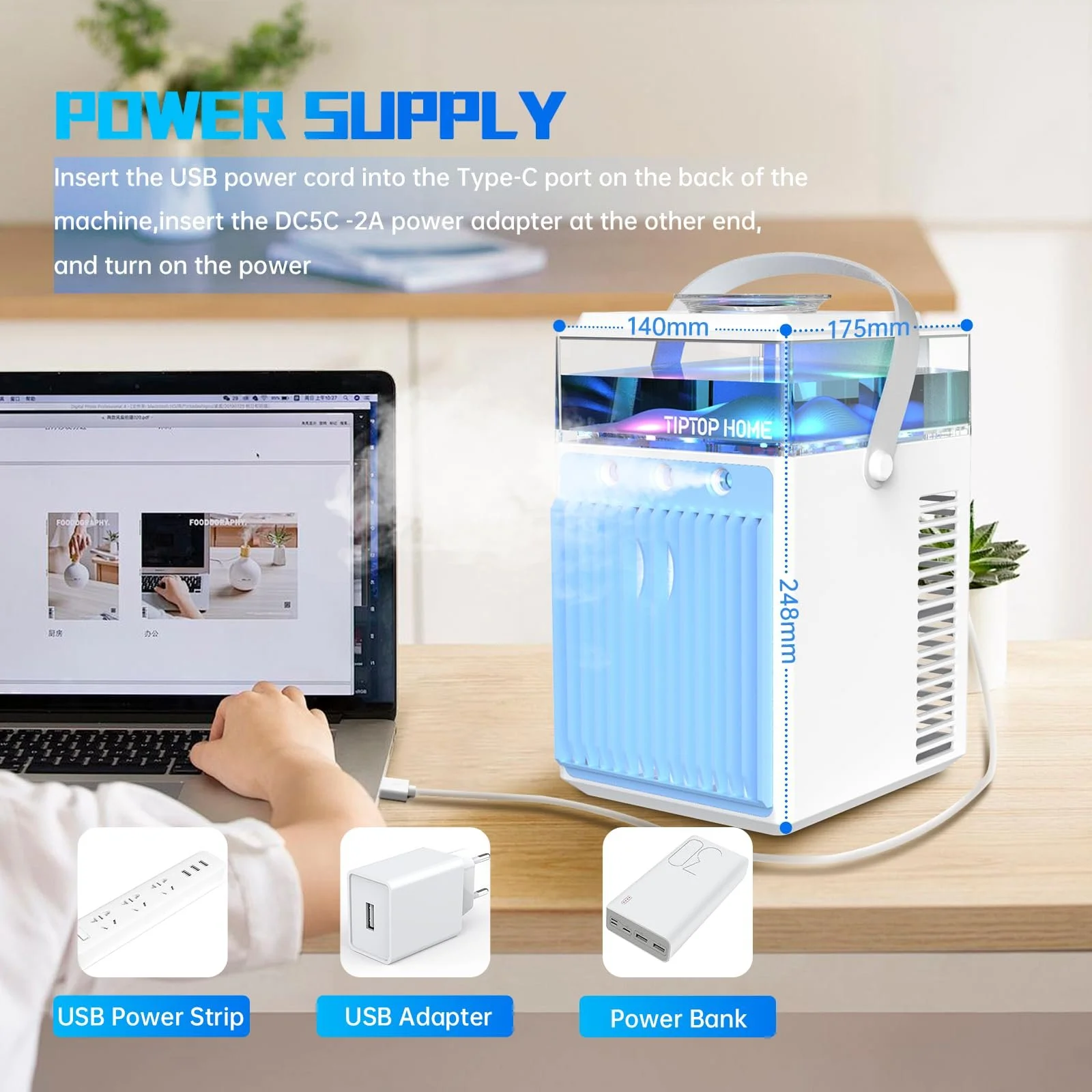 Мобильный кондиционер Мини 5-в-1 с управлением через приложение 600 мл резервуар для воды 3 скорости 3 режима тумана Портативный, фото №7