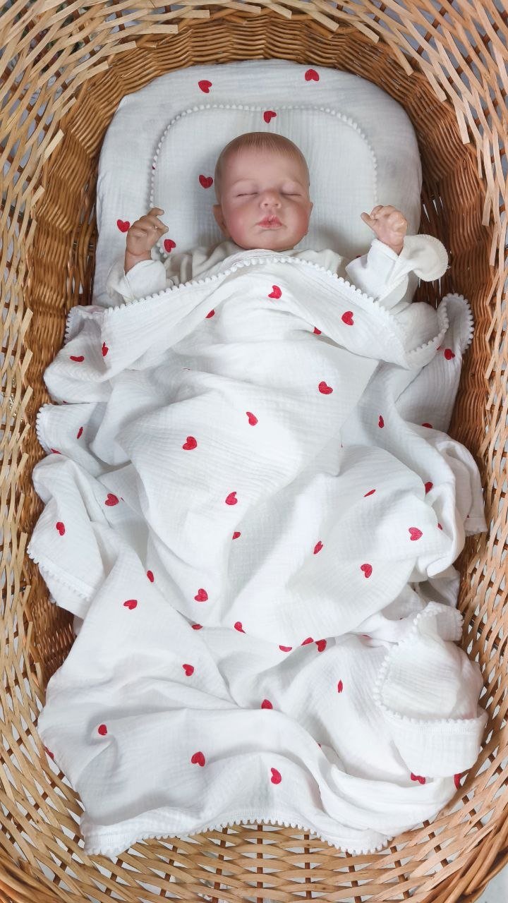 Муслиновый комплект в коляску, люльку: плед, простынь и подушка Сердечки, фото №1