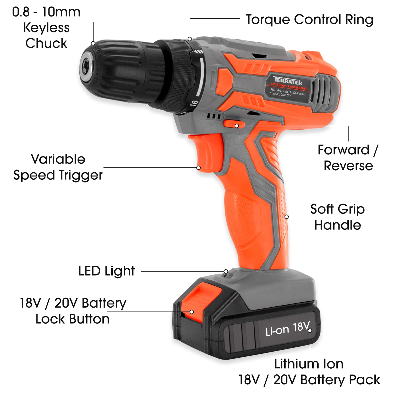 Шуруповерт Terratek Combi Drill 18V/20V-Max Li-Ion з LED-світлом у комплекті з акумулятором та зарядним пристроєм, фото №5