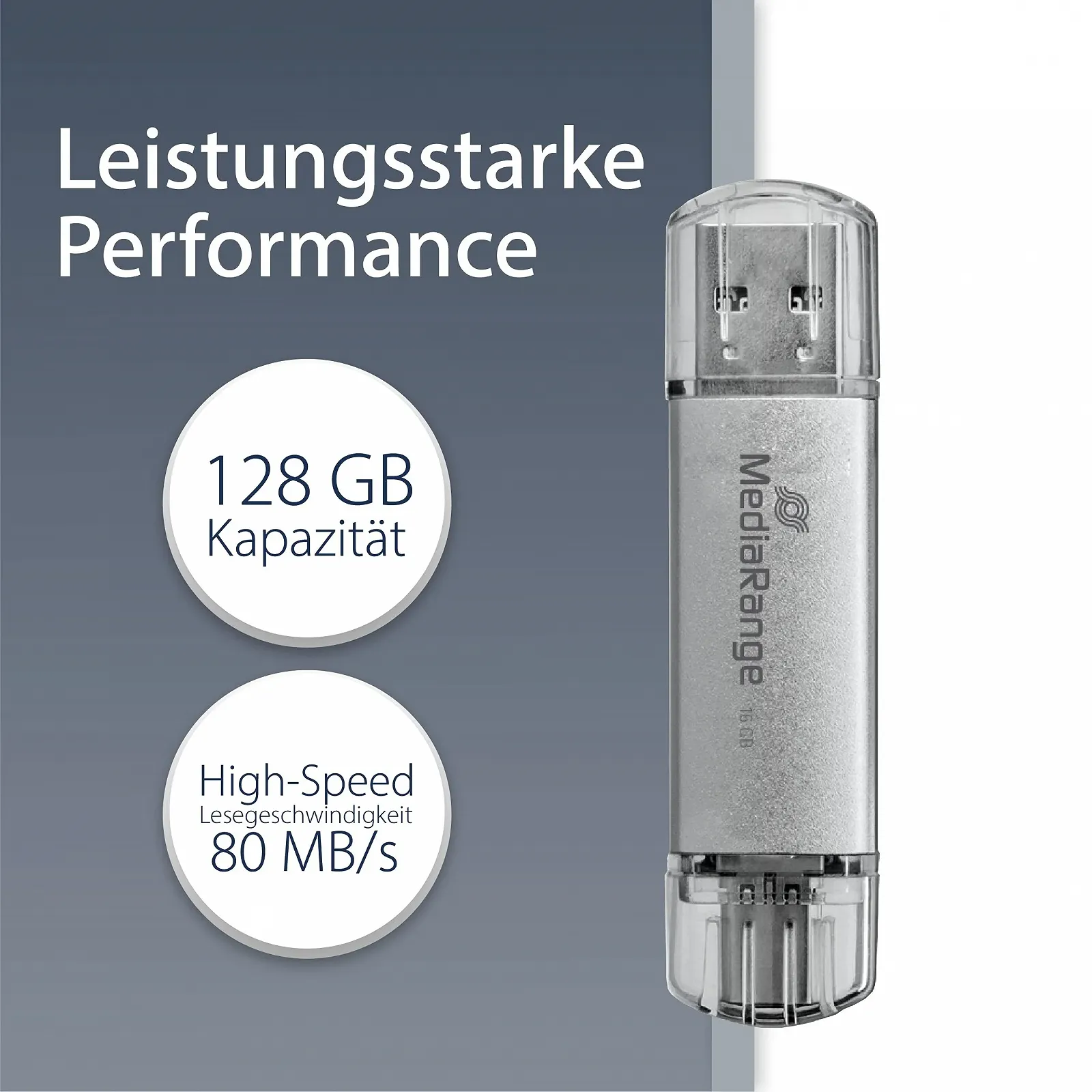 USB-накопичувач MediaRange USB 3.1 and TypeC 128 GB Combo 60 МБ/с Сріблястий, фото №2