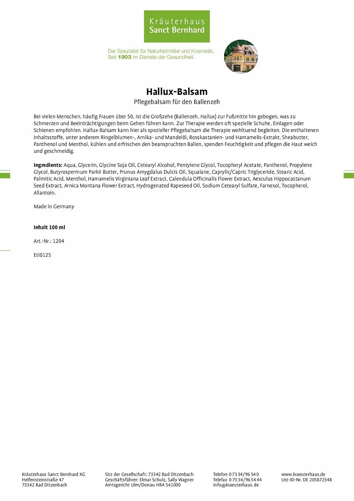 Бальзам для ног Sanct Bernhard Hallux охлаждающий и освежающий 100 мл, фото №3