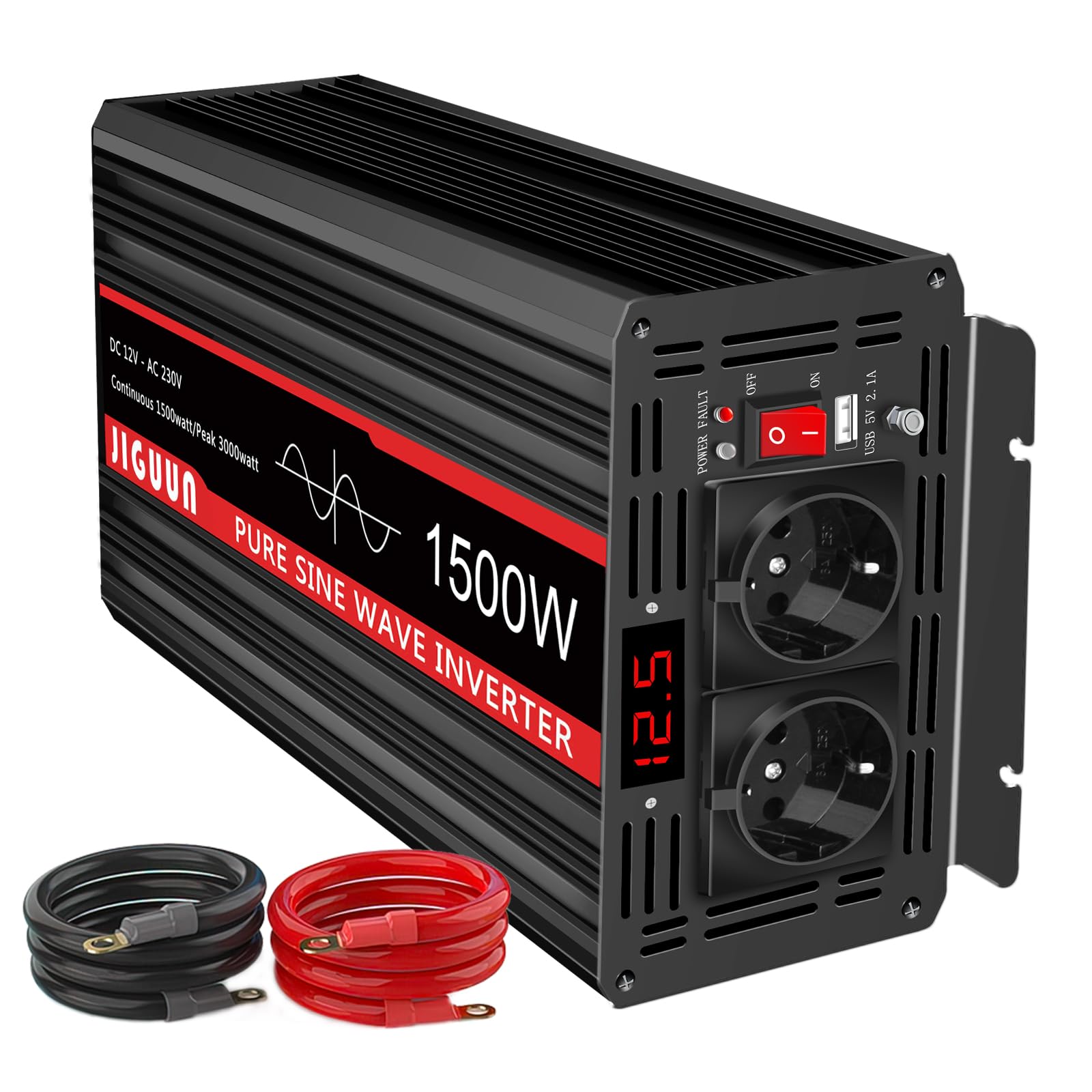 Інвертор JIGUUN Модель 1500 W чистої синусоїди 12 V 230 V 2 євророзетки 2.1 A USB бездротовий Пульт ДУ LED-дисплей 3000 W, фото №1