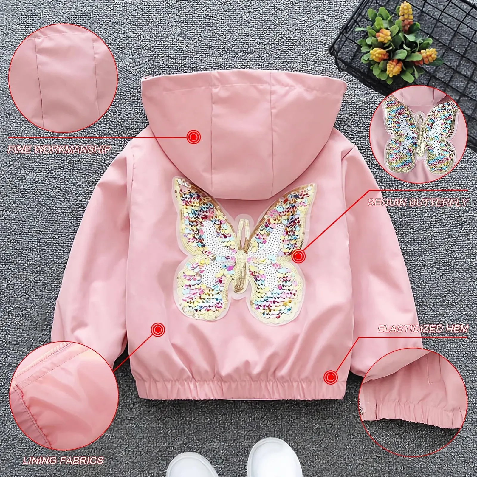 Переходная Куртка SXSHUN Детская для Девочек, Куртка для улицы с Узором Бабочки, Милая Куртка, фото №6 Переходная Куртка SXSHUN Детская для Девочек, Куртка для улицы с Узором Бабочки, Милая Куртка, фото №6