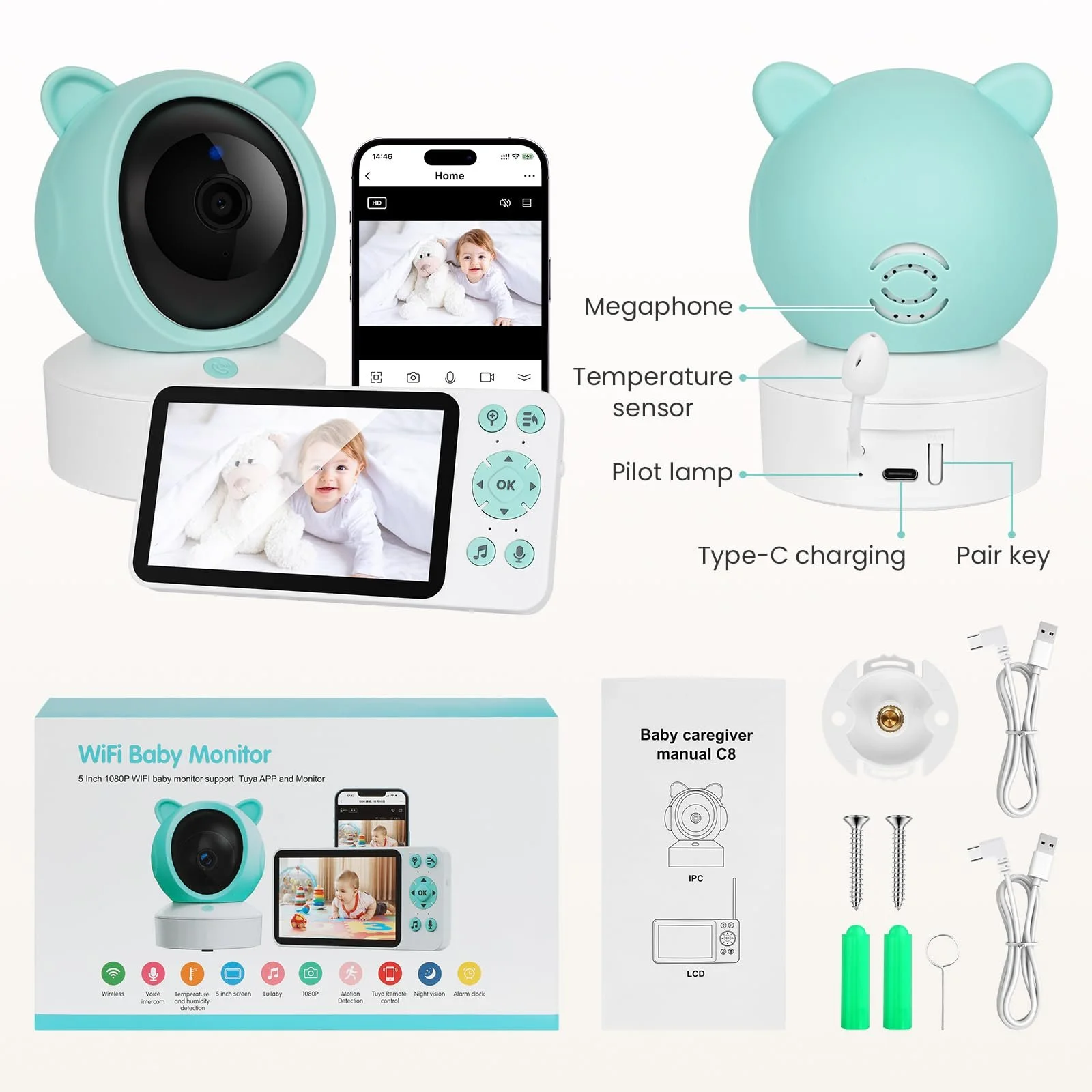 Відеоняня 1080P 5" WLAN PTZ 355° Нічне бачення Датчик температури Mobile App Control, фото №8 Відеоняня 1080P 5" WLAN PTZ 355° Нічне бачення Датчик температури Mobile App Control, фото №8