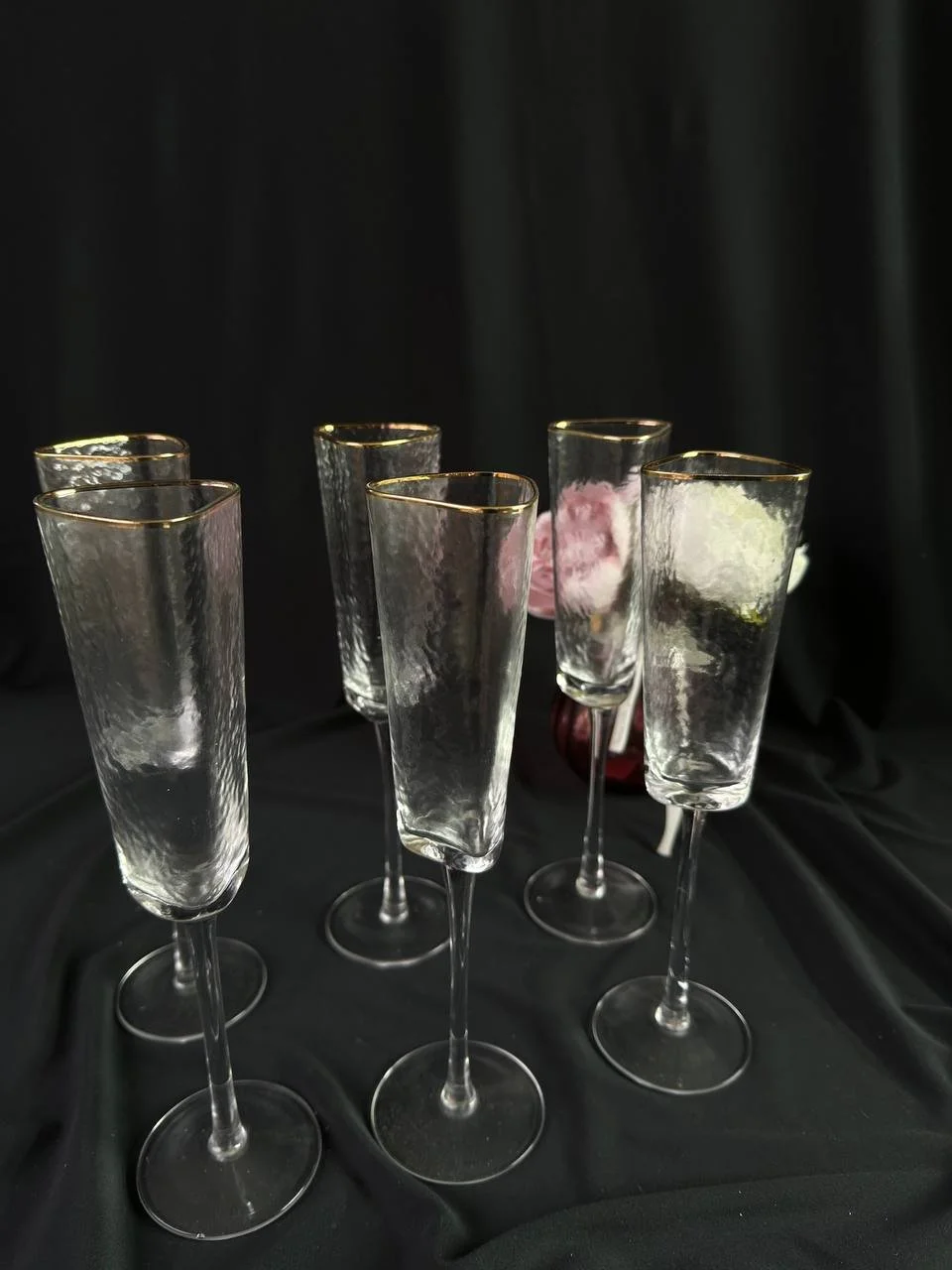 Бокали для шампанского 6 шт з золотою оконтовкою. Крижане скло, фото №2