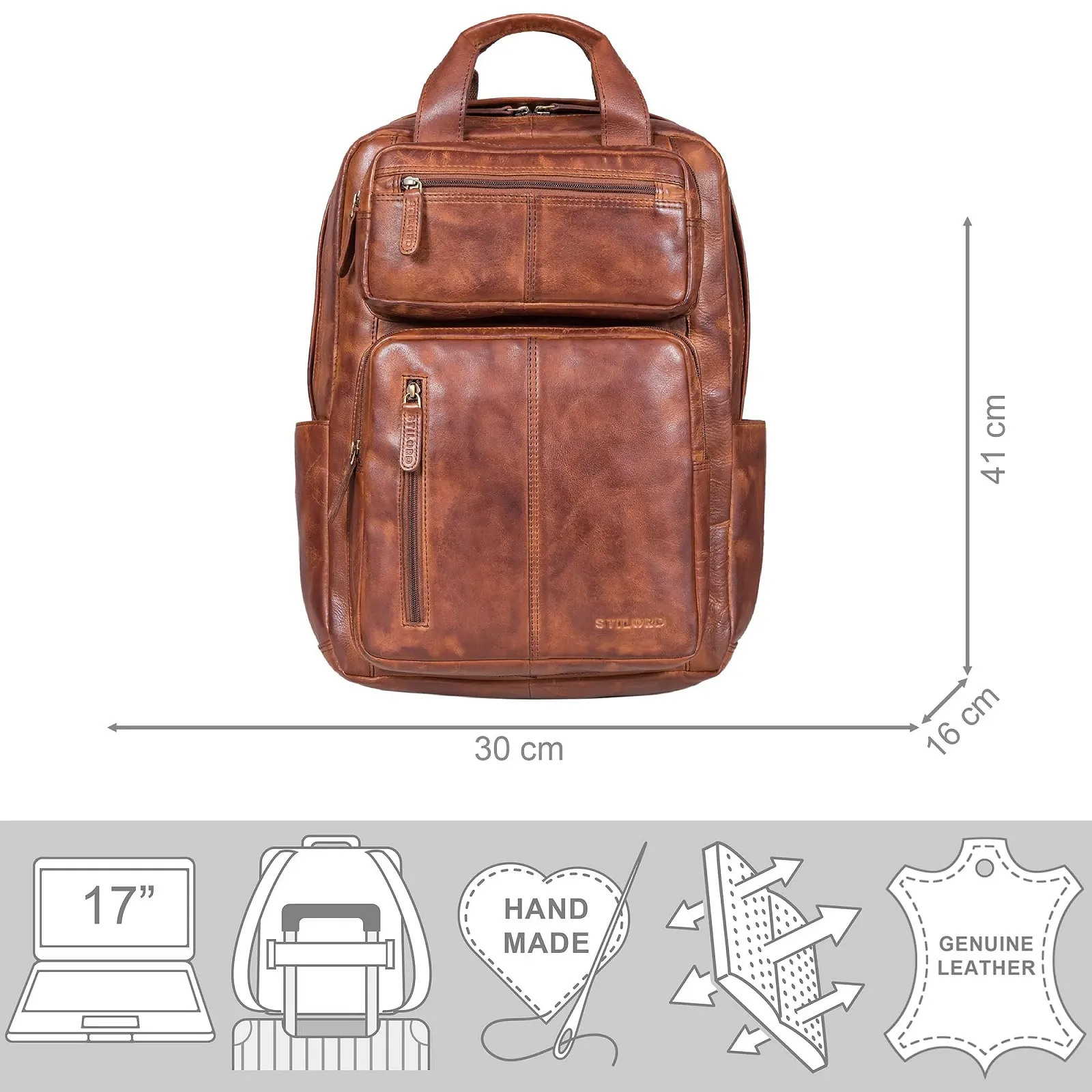 Рюкзак для ноутбука STILORD Amos Business Натуральная кожа 17.3 дюйма Brandy - Cognac, фото №4