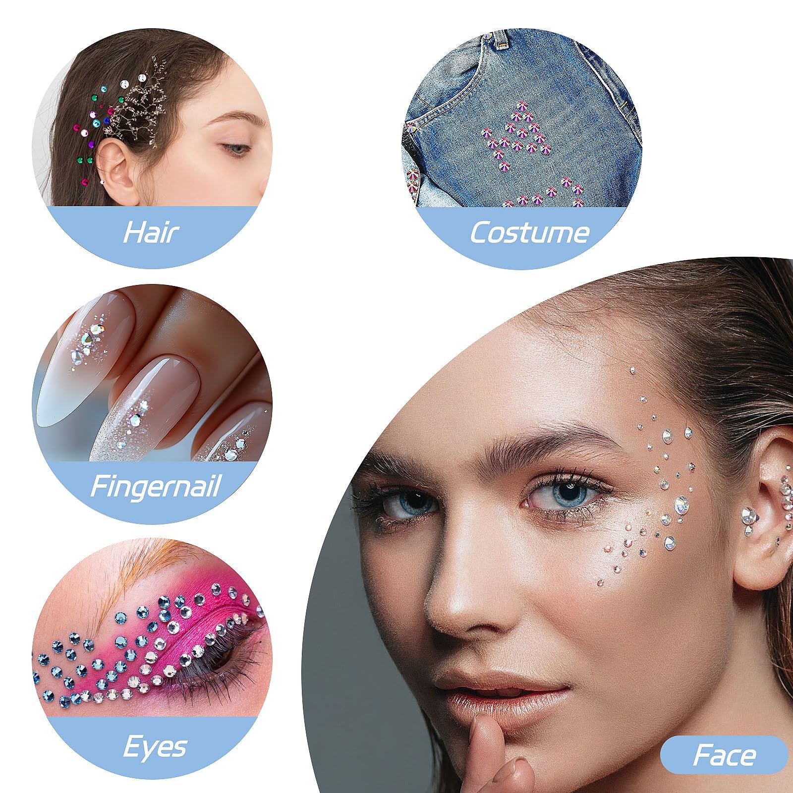 Набор Самоклеящихся Страз 2125 шт. Круглые Блестящие Стразы с Пинцетом для Лица Тела Ногтей Фестивальное Ювелирное Изделие для Макияжа Карнавальное Рождественское Украшение (3 Стиля), фото №3