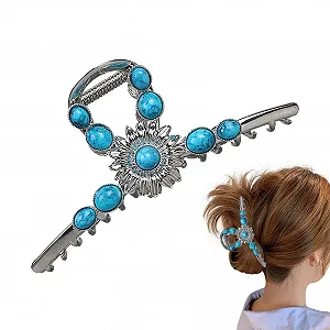 Заколка для волос с голубым камнем, Western Claw Clips для женщин, металлические заколки для густых волос, металлический маскарадный головной убор с винтажным камнем и цветочным узором - Фото 1