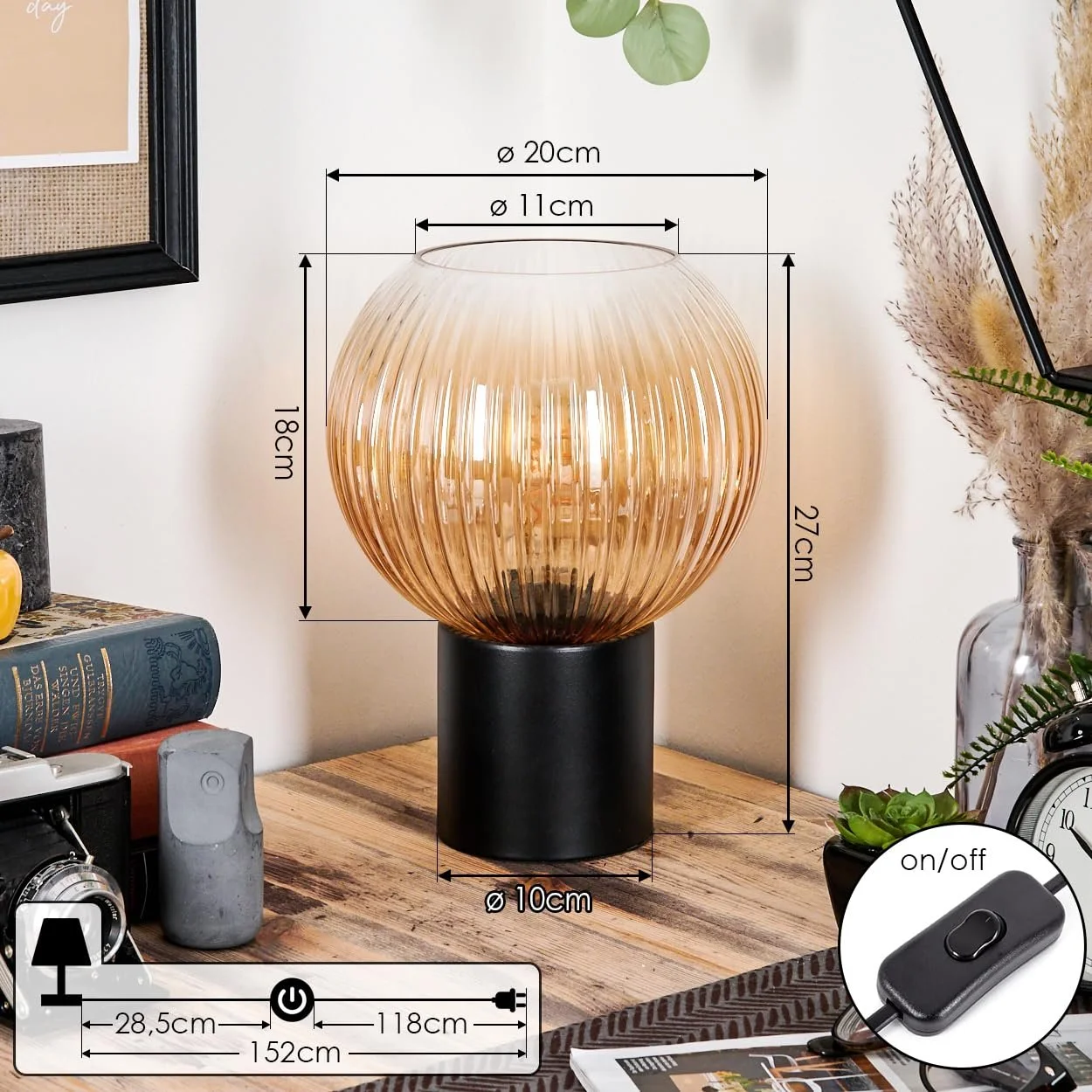Настільна лампа HOFSTEIN Koyoto E27 20 см Чорний/Бурштиновий/Прозорий, фото №4