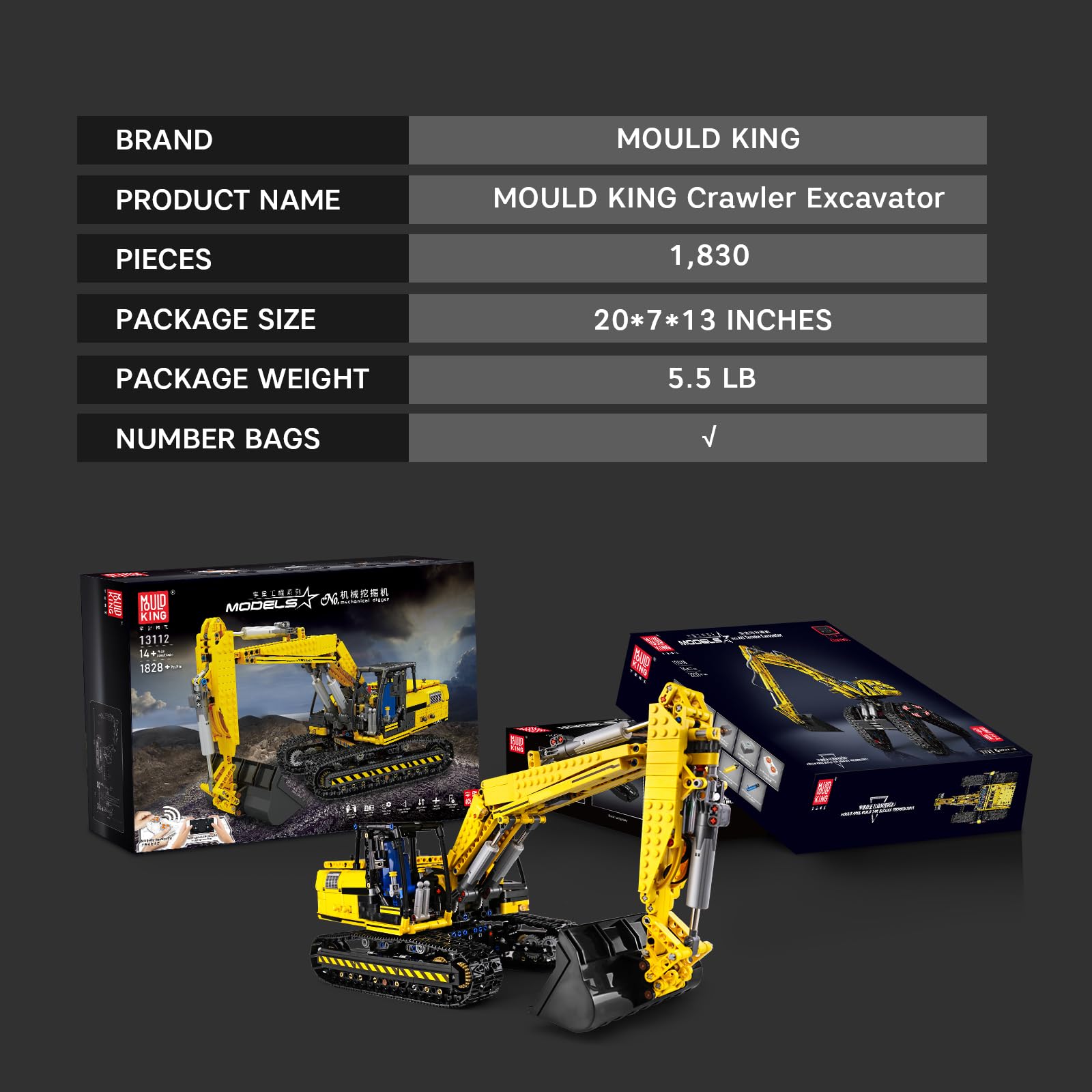 Конструктор Mould King Technik модель екскаватора 4CH Crawler з додатком Жовтий, фото №4