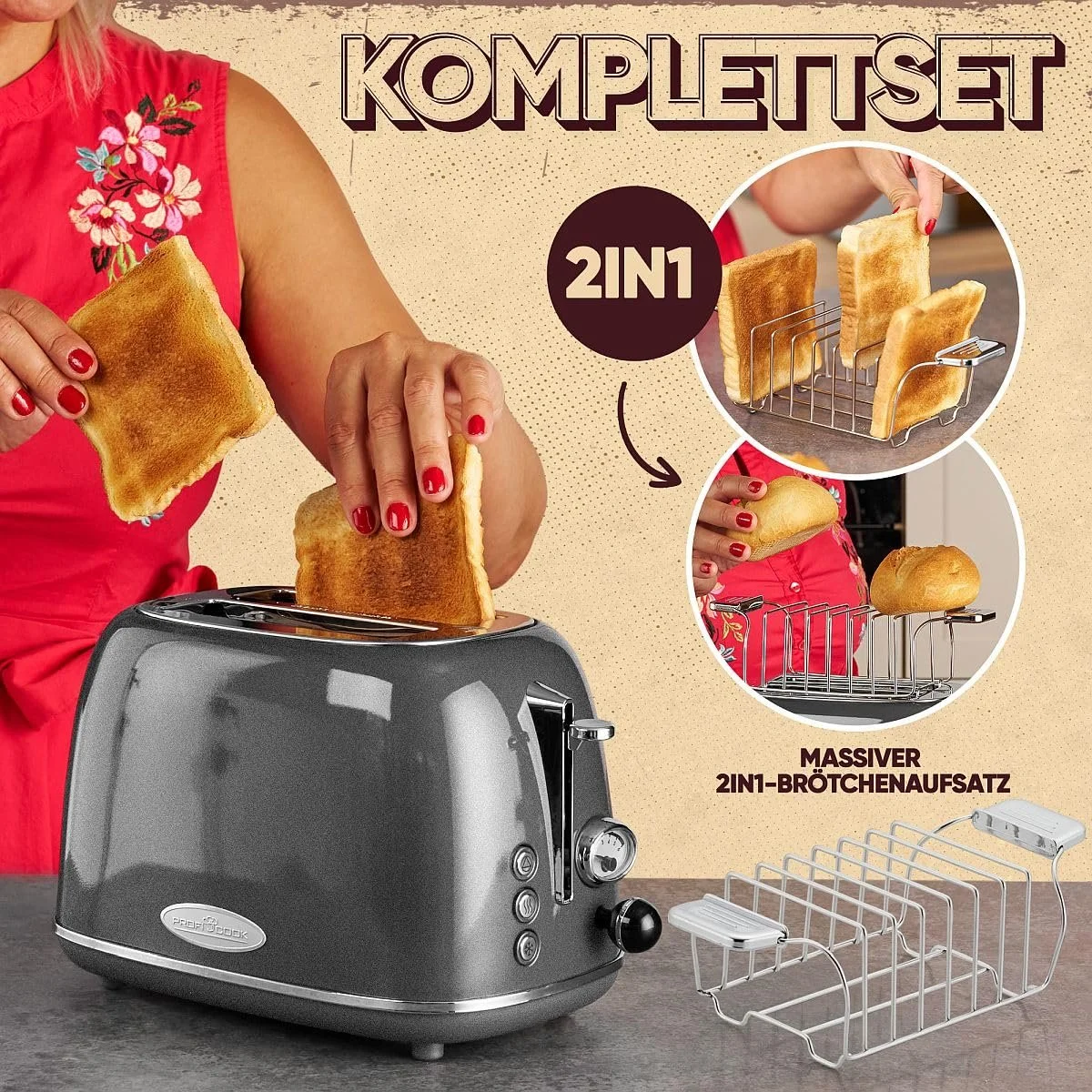 Тостер ProfiCook PC-TA 1193 2-Scane, в стилі ретро, корпус з нержавіючої сталі, насадка для булочок, регульоване підсмажування, функція центрування, висувний піддон для крихт, антрацит, фото №4