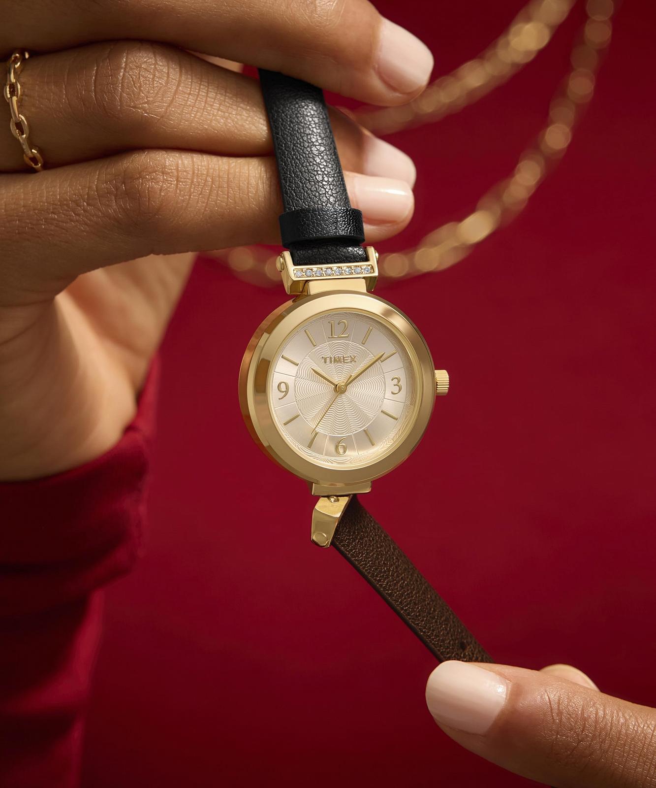 Женские часы Timex Main Street 31 мм, черный кожаный ремешок, серебристый циферблат, золотой корпус TW2W96400, фото №6