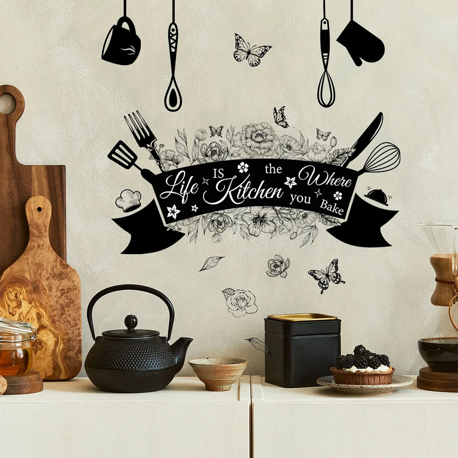 Наклейка на стіну Кухонна Столові прибори Метелики Квіти Чорний, M1, фото №5