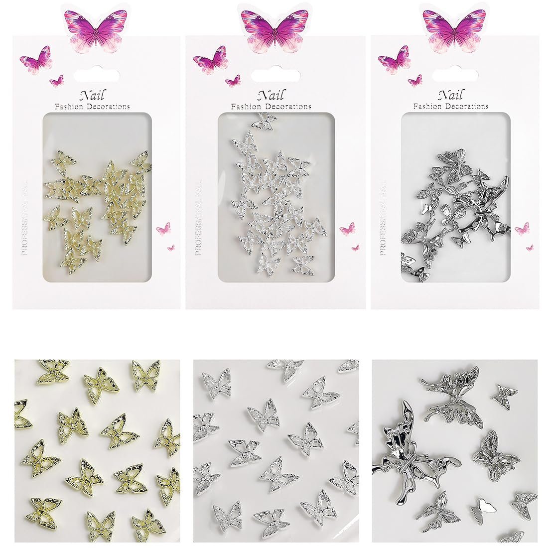 Підвіски для нігтів Метелики Метал, 50 шт (20 золотих + 30 срібних), фото №2