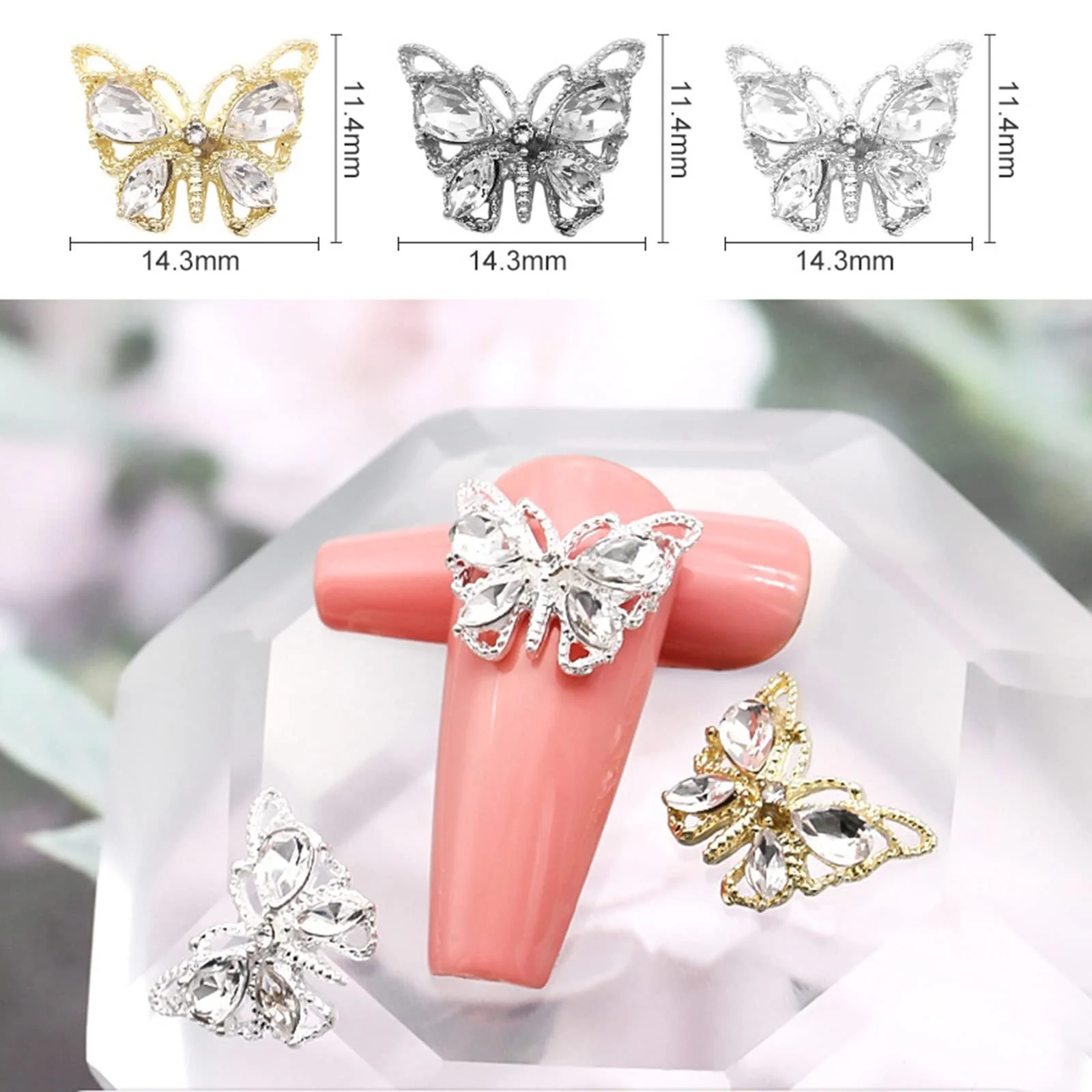 3D Метелик Діаманти Блискучі Білі Стрази 11x14 мм, 10 шт, фото №2