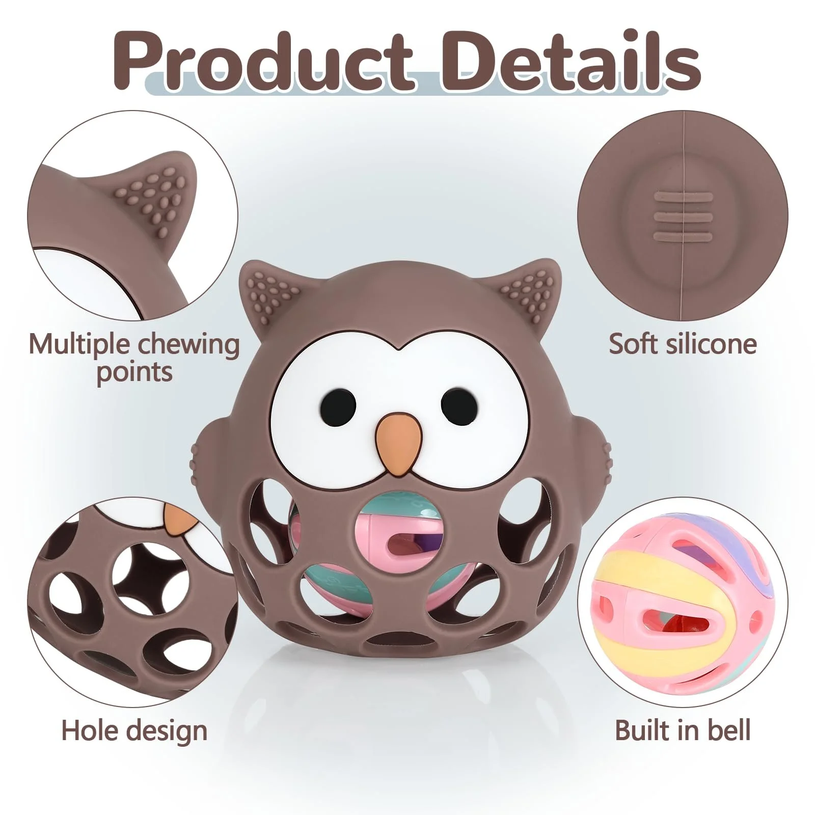 Прорізувач для зубів Zikenis Іграшка для малюків М'яч для хапання Коричневий, фото №3 Прорізувач для зубів Zikenis Іграшка для малюків М'яч для хапання Коричневий, фото №3