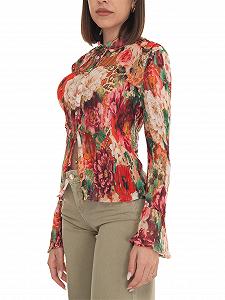 Женская рубашка с длинными рукавами GUESS Vivienne плиссированная планка на пуговицах, принт пиона, Small synthetic.ua - Фото 1