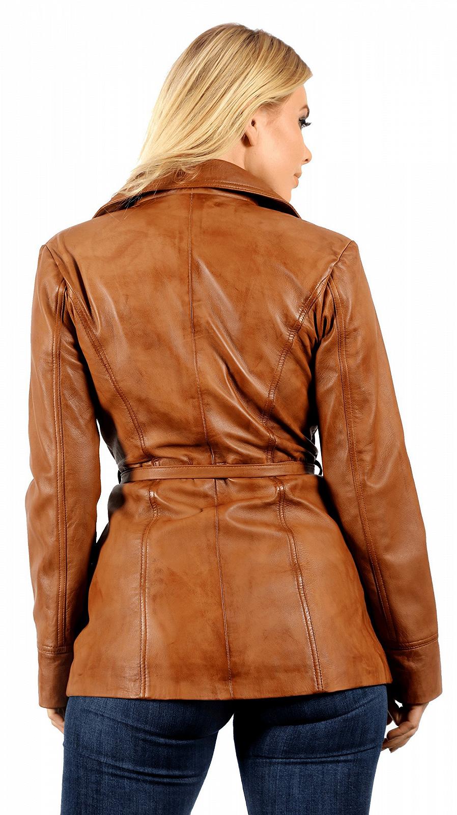 Кожаная куртка Biker Infinity Leather женская Tan Nappa с завязкой-поясом, фото №2