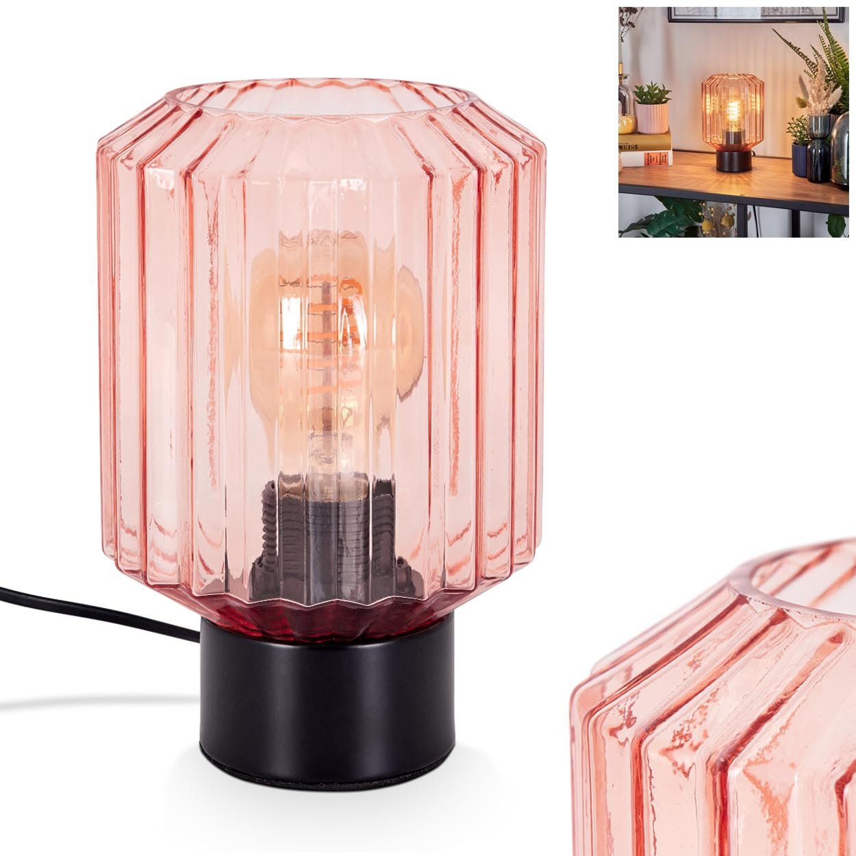 Настільна лампа Moruja метал/скло Ø13 см 1 x E27 чорна/рожева, фото №1