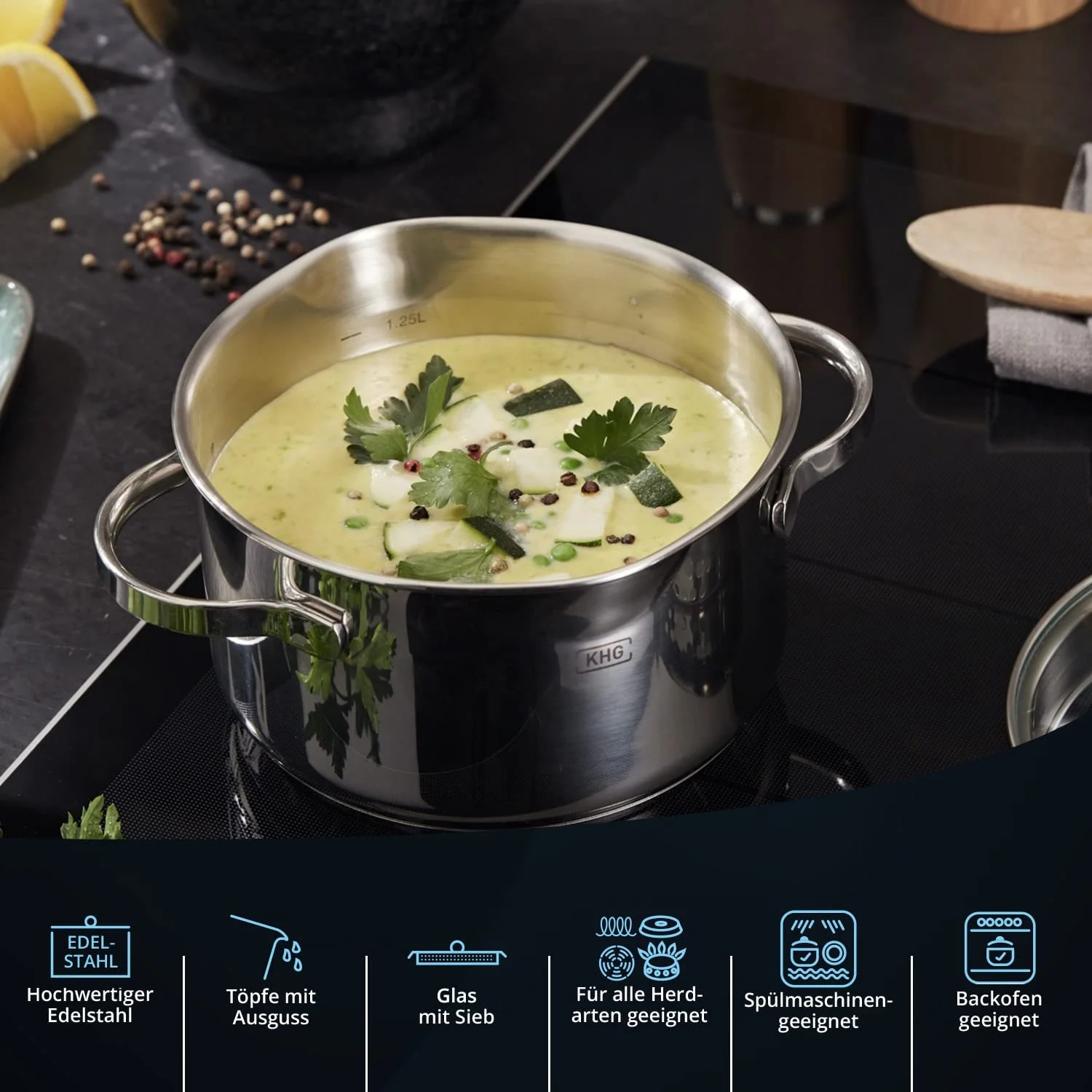 Каструля KHG XXL 26 см, 10 літрів, індукційна, без покриття, нержавіюча сталь з скляною кришкою, висока, фото №2