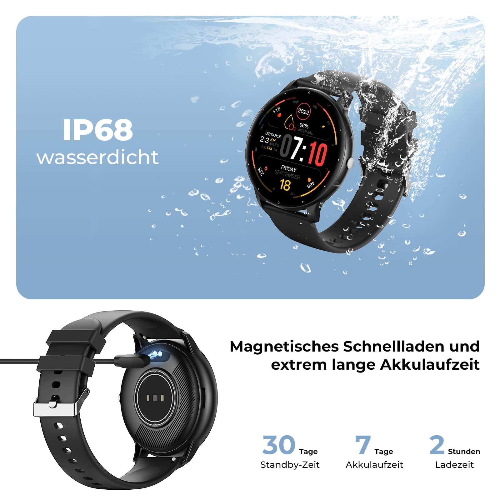 Смарт-часы TIFOZEN Connect Мужские с Bluetooth, ассистентом сообщений, голосовым помощником, воспроизведением музыки, 1,39 дюйма, монитором сердечного ритма / SpO2 / Sommeil, для Android iOS, черные, фото №6