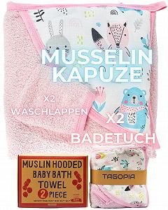 Полотенце с капюшоном Tagopia для девочки, 65% хлопок, розовый, 2 шт., 78 x 78 см, муслиновое пончо - Фото 1
