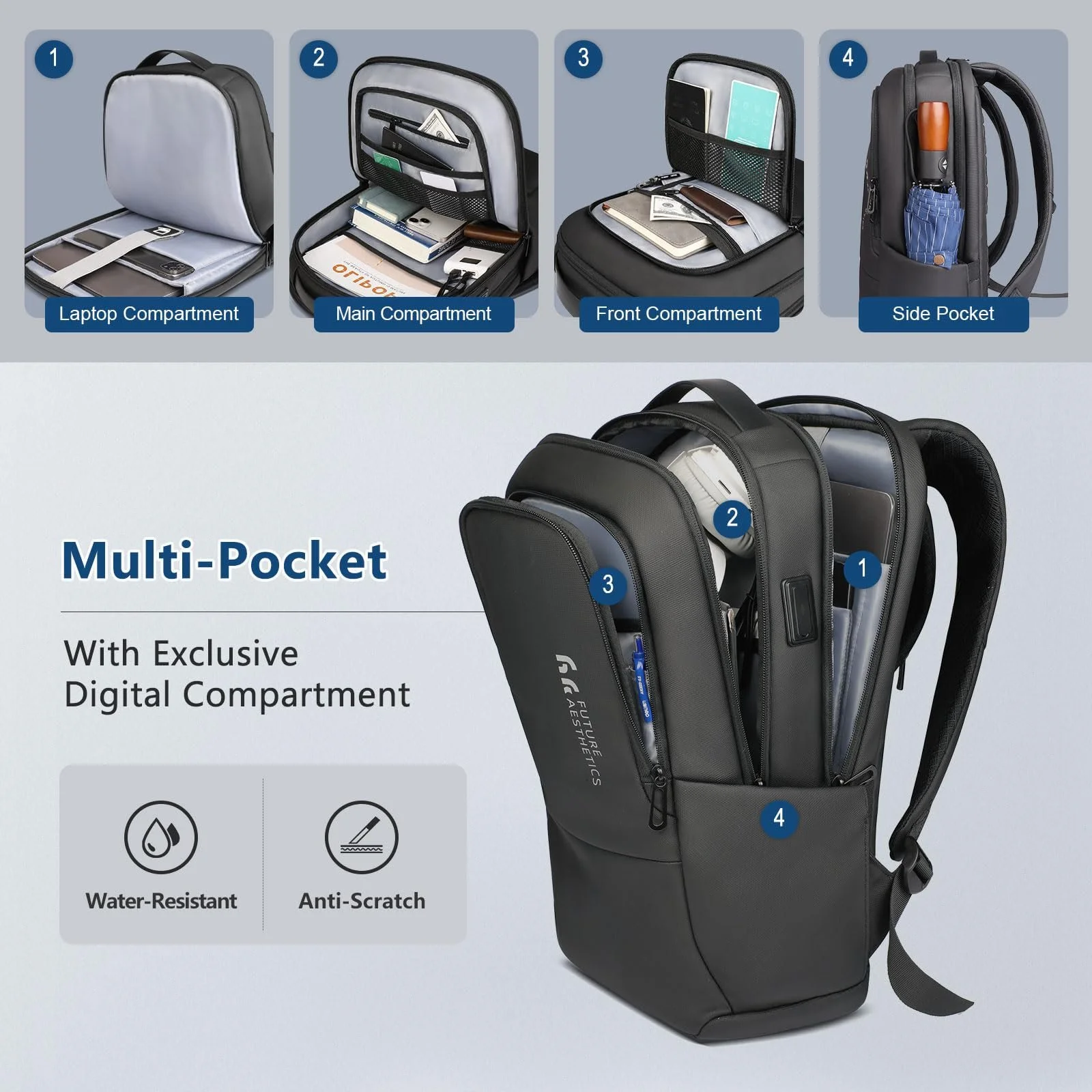 Рюкзак для ноутбука HEROIC KNIGHT Business 15.6 дюйма Водонепроникний USB Port Black, фото №3