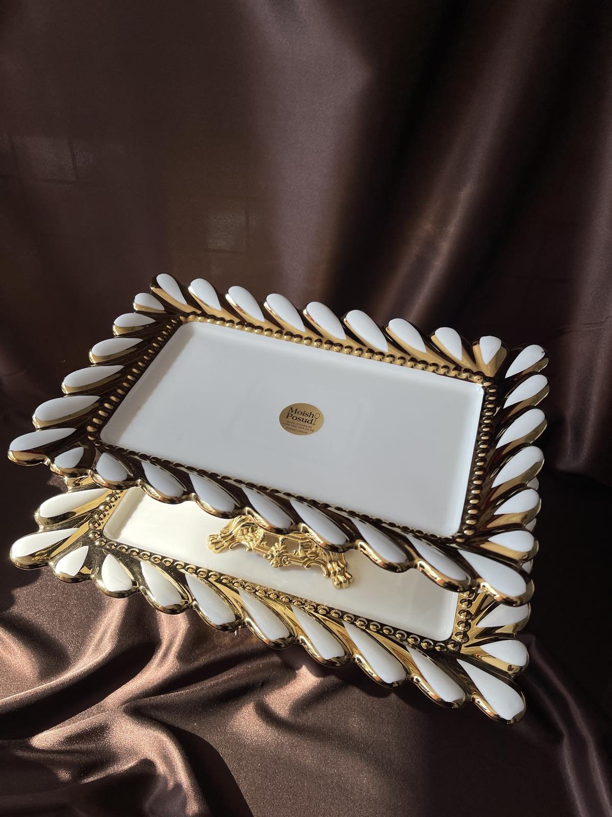 Тортовниця, блюдо фарфор з золотим декором на ніжці Розкіш 30х20 см, фото №3