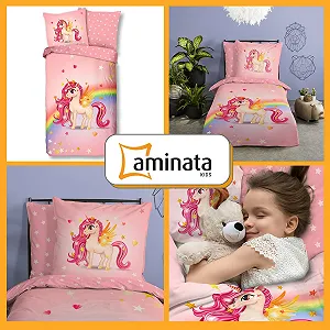 Дитяча постільна білизна Aminata kids 135 x 200 см, для дівчаток, з єдинорогом, на блискавці, двостороння, для односпального ліжка synthetic.ua - Фото 1