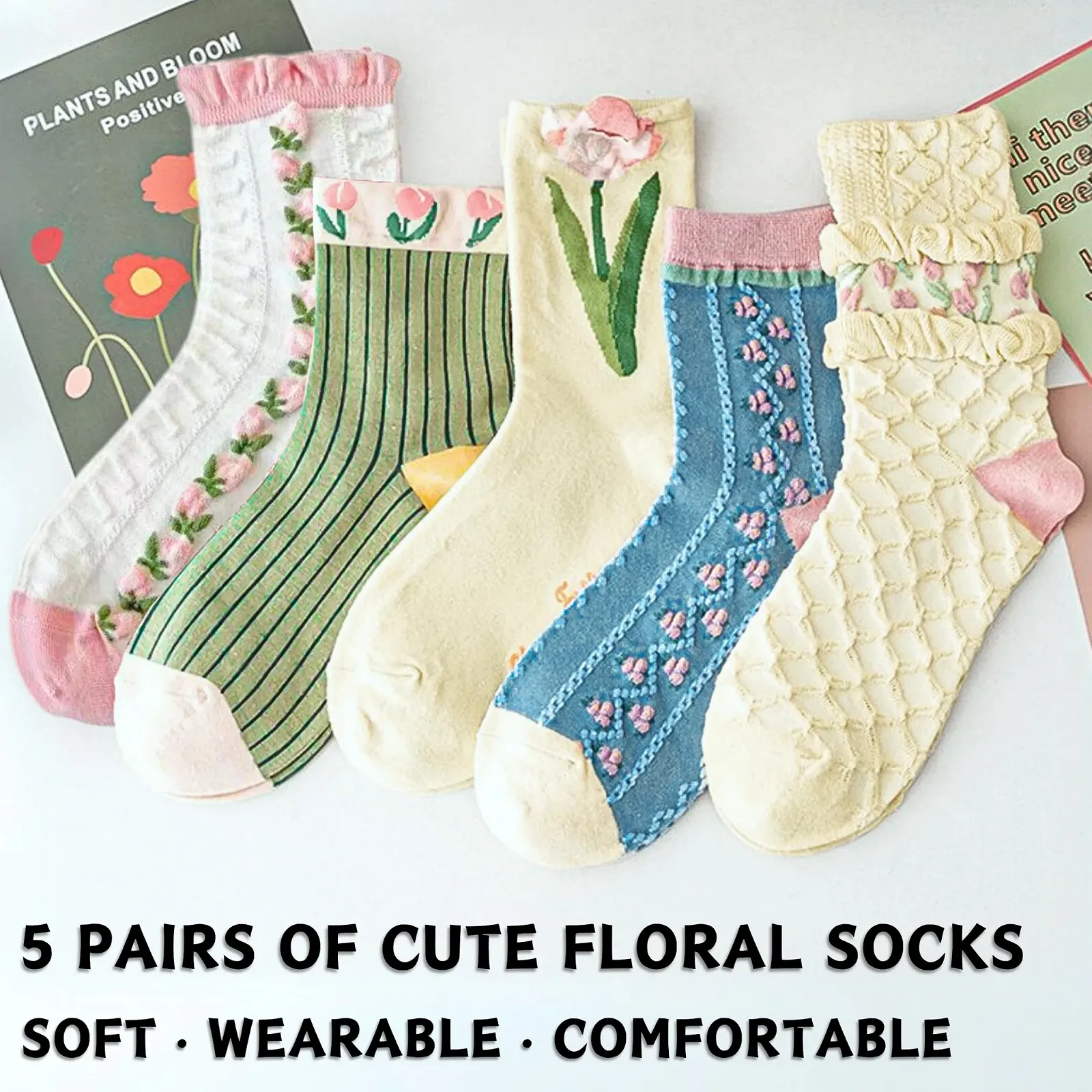Носки KEYRI, 5 пар, женские, хлопковые, с цветочным узором, винтажные, носки-следки, теплые, повседневные, милые, с рюшами, вышитые, фото №4