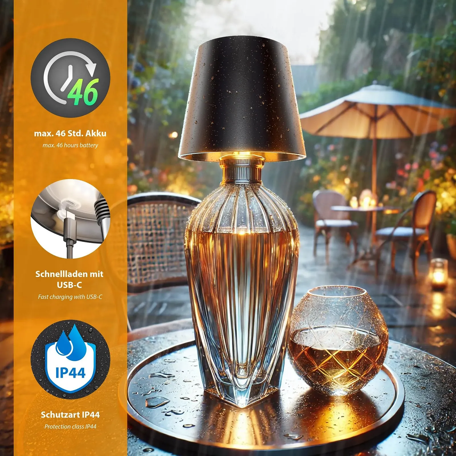 Настільна лампа ledscom.de Flaak LED для пляшок з акумулятором та сенсорним перемикачем 3 кольори світла димована IP44 2 шт. Чорна, фото №6