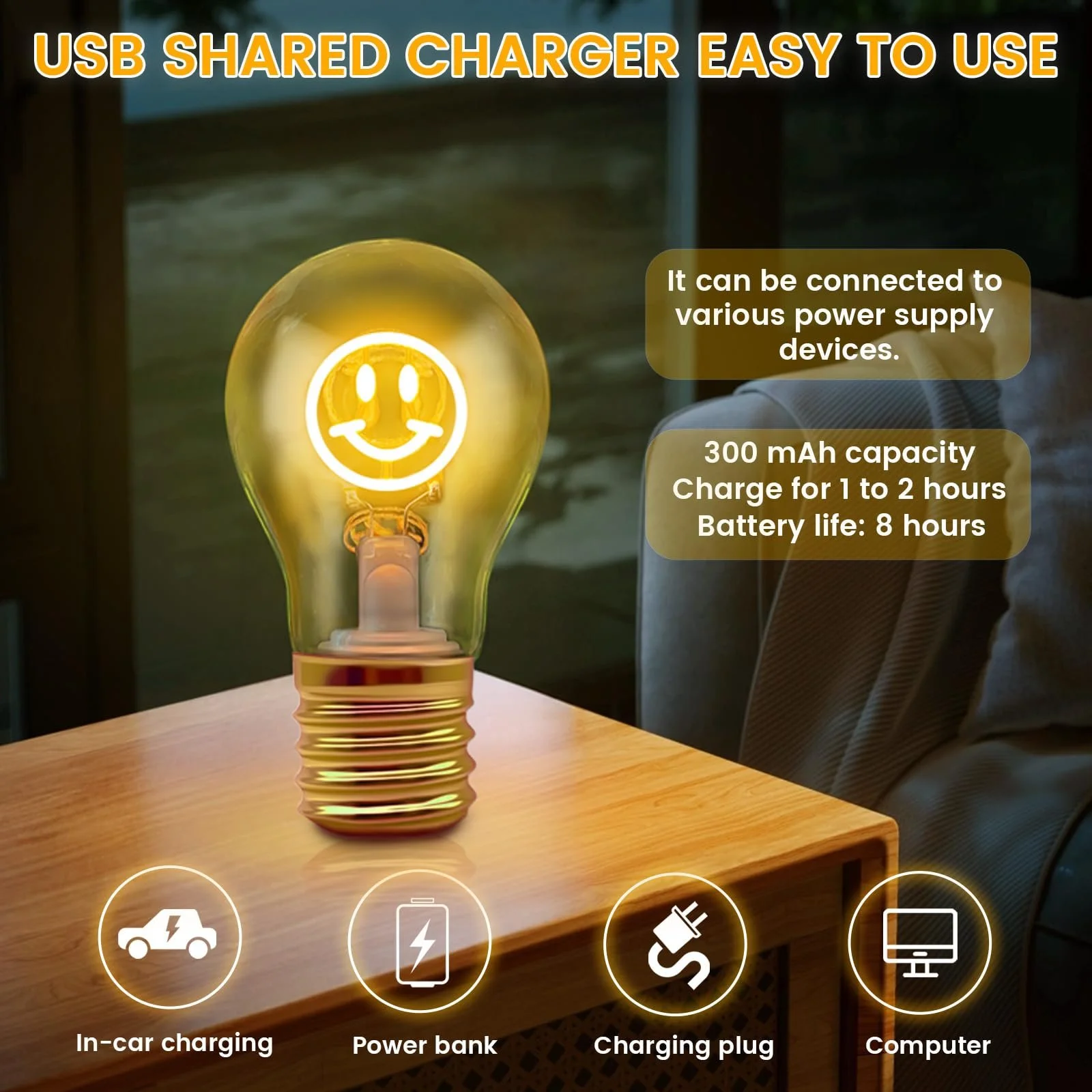 Настільна лампа Smile LED Форма лампочки Акумуляторна USB 3 рівні яскравості Жовтий, фото №4