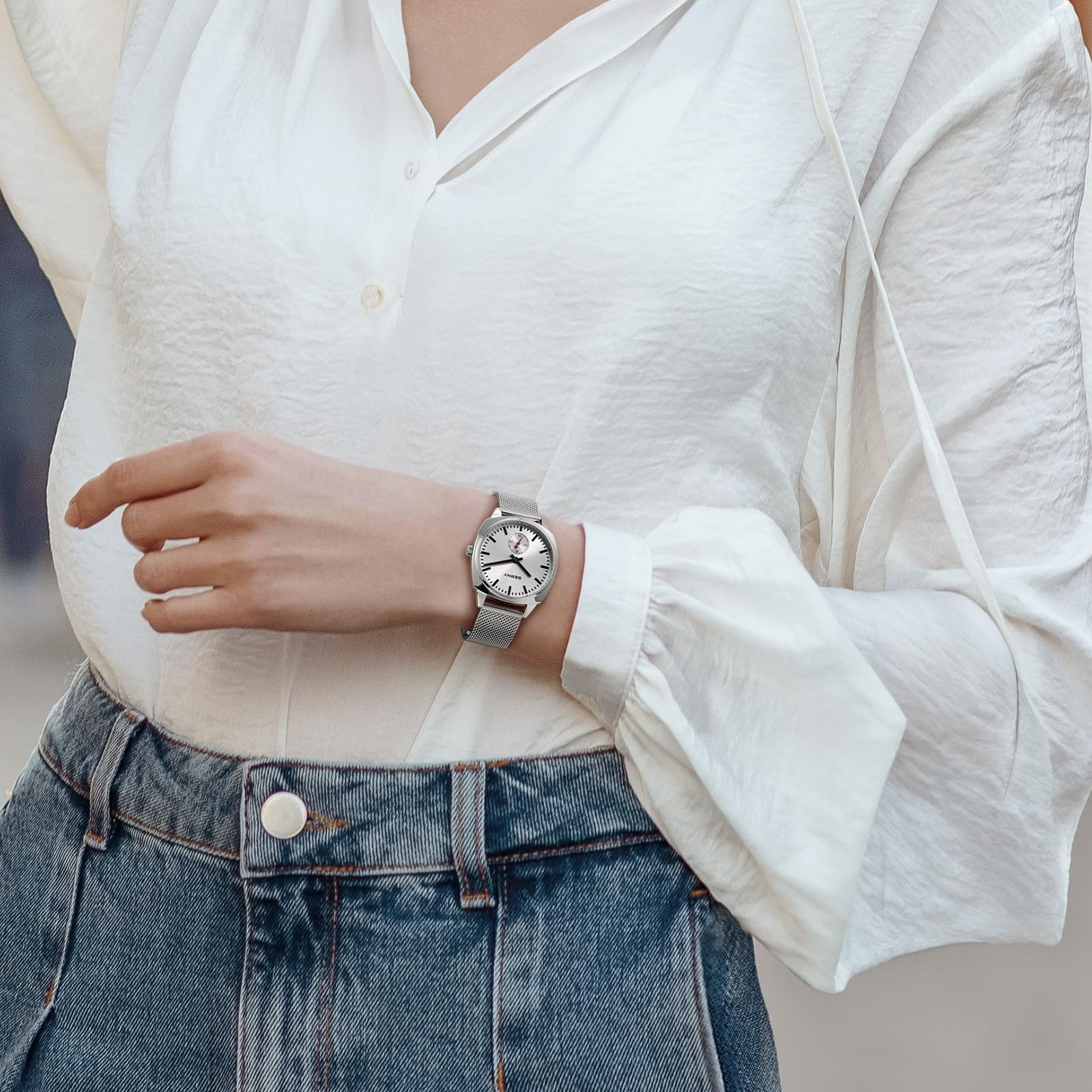 Женские часы BERNY Классические железнодорожные часы Аналоговые кварцевые часы Минималистичные женские часы Ремешок из нержавеющей стали Серебряные часы 3ATM водостойкие, фото №7