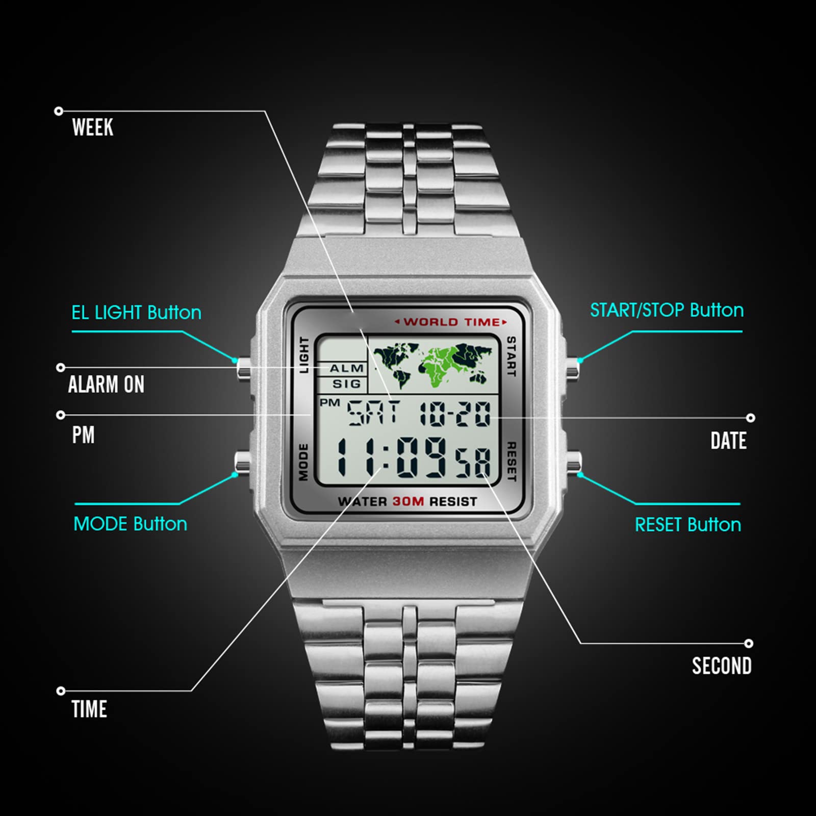 Чоловічий Цифровий Годинник з секундоміром будильником світовий час дата тиждень металевий ремінець для вулиці та бізнесу, фото №5 Чоловічий Цифровий Годинник з секундоміром будильником світовий час дата тиждень металевий ремінець для вулиці та бізнесу, фото №5